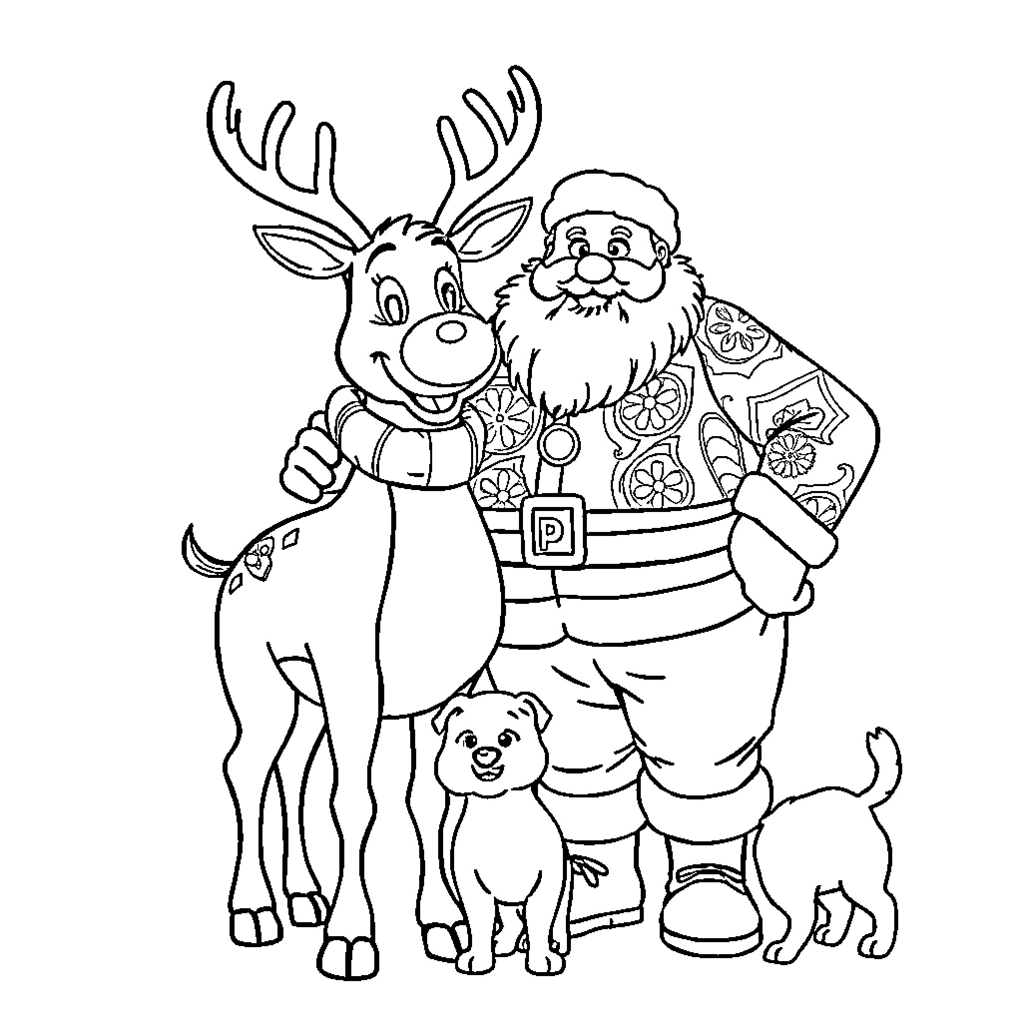 Rudolph and Santa with Cute Pets Coloring Page (free black-and-white line drawing printable PDF for all, from beginners to advanced learners, including children, teens, adults, and seniors)