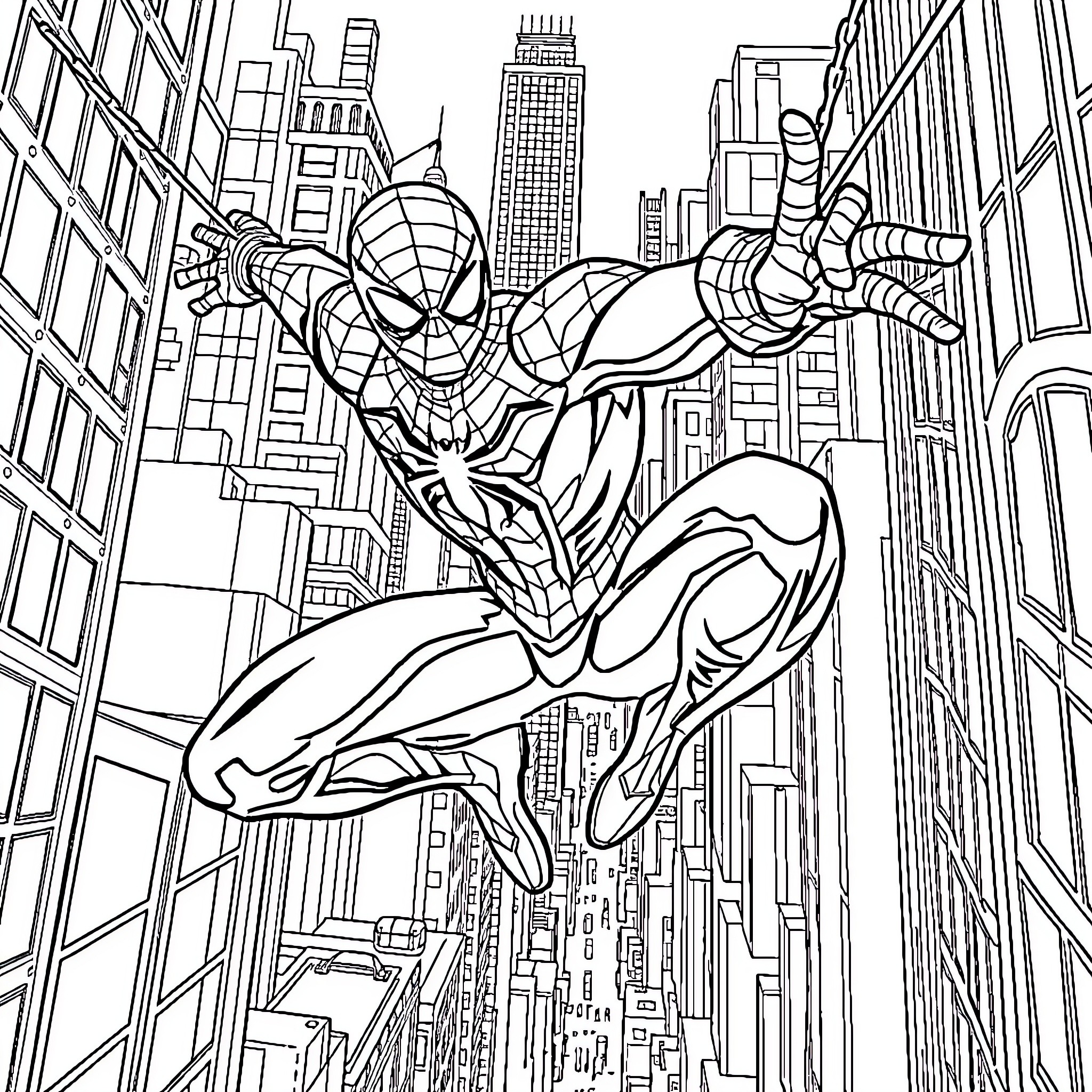 Spider-Man swinging through the cityscape Coloring Page (free black-and-white line drawing printable PDF for all, from beginners to advanced learners, including children, teens, adults, and seniors)