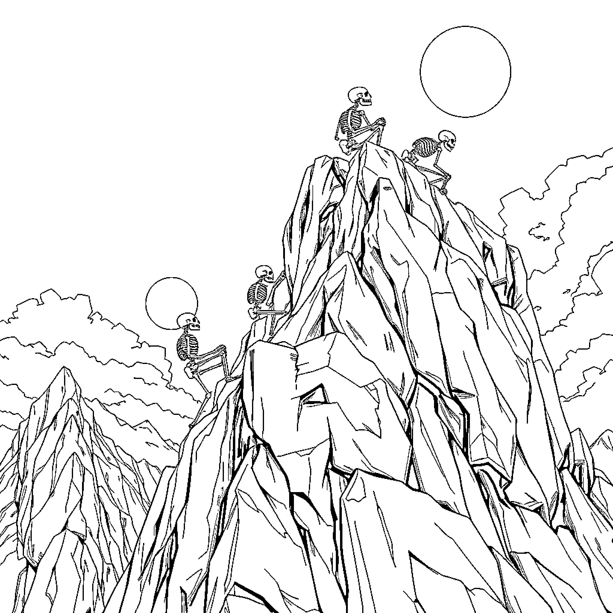 Skeleton mountaineers scaling treacherous peaks Coloring Page (free black-and-white line drawing printable PDF for all, from beginners to advanced learners, including children, teens, adults, and seniors)
