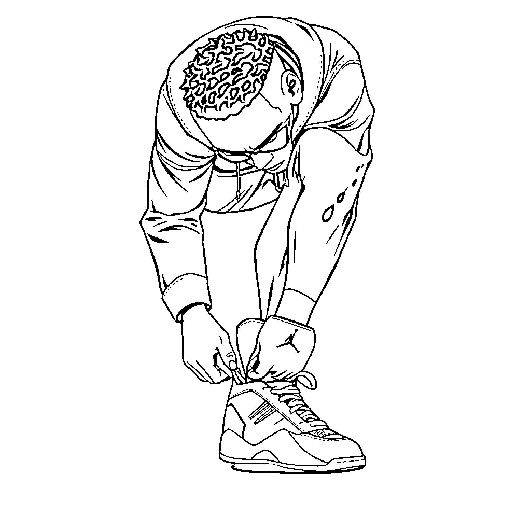 Miles Morales lacing up his shoes Coloring Page (free black-and-white line drawing printable PDF for all, from beginners to advanced learners, including children, teens, adults, and seniors)