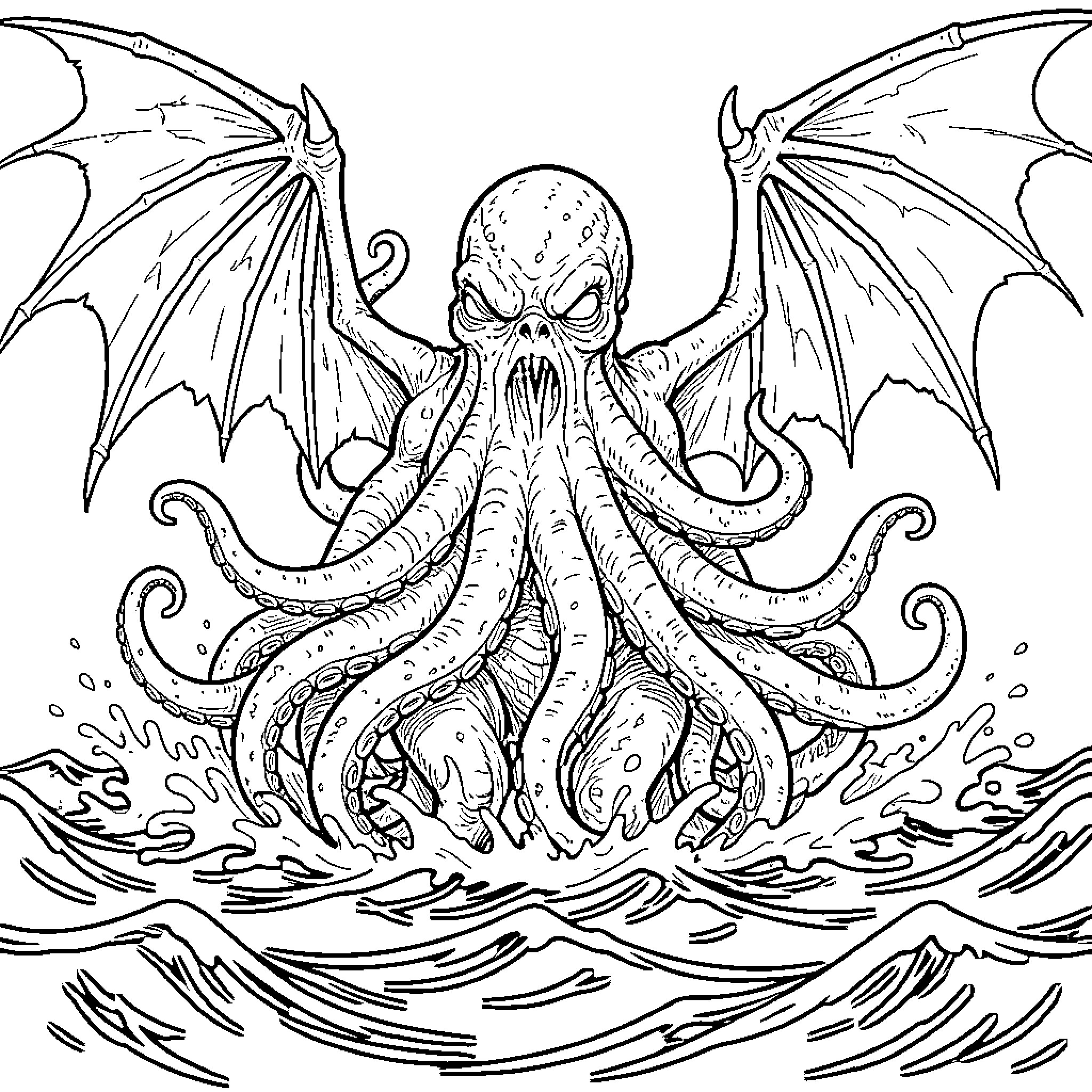 Cthulhu Rises from the Depths Coloring Page (free black-and-white line drawing printable PDF for all, from beginners to advanced learners, including children, teens, adults, and seniors)