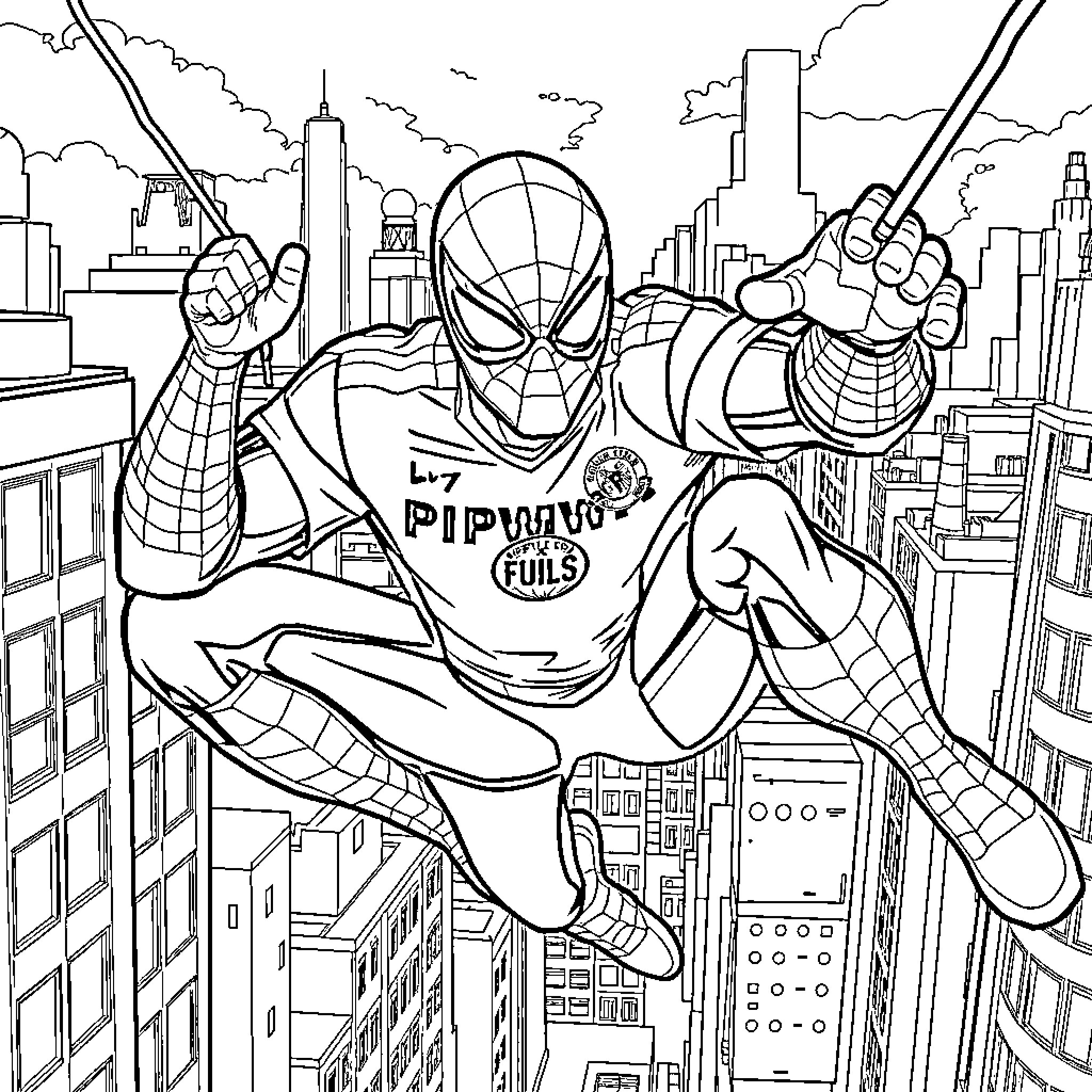 Spiderman swinging over the city with determination Coloring Page (free black-and-white line drawing printable PDF for all, from beginners to advanced learners, including children, teens, adults, and seniors)