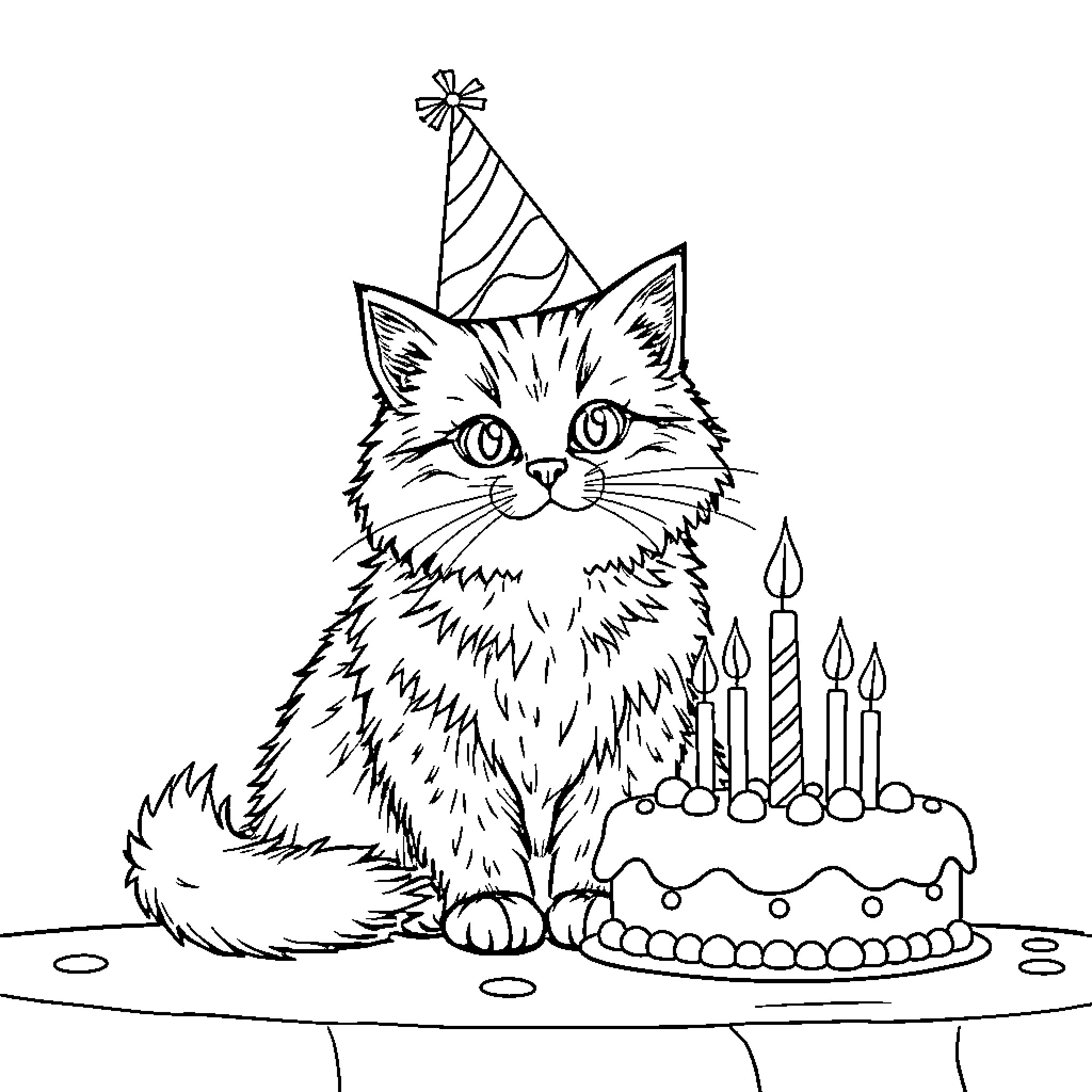 Cat celebrating with birthday cake and candles Coloring Page (free black-and-white line drawing printable PDF for all, from beginners to advanced learners, including children, teens, adults, and seniors)