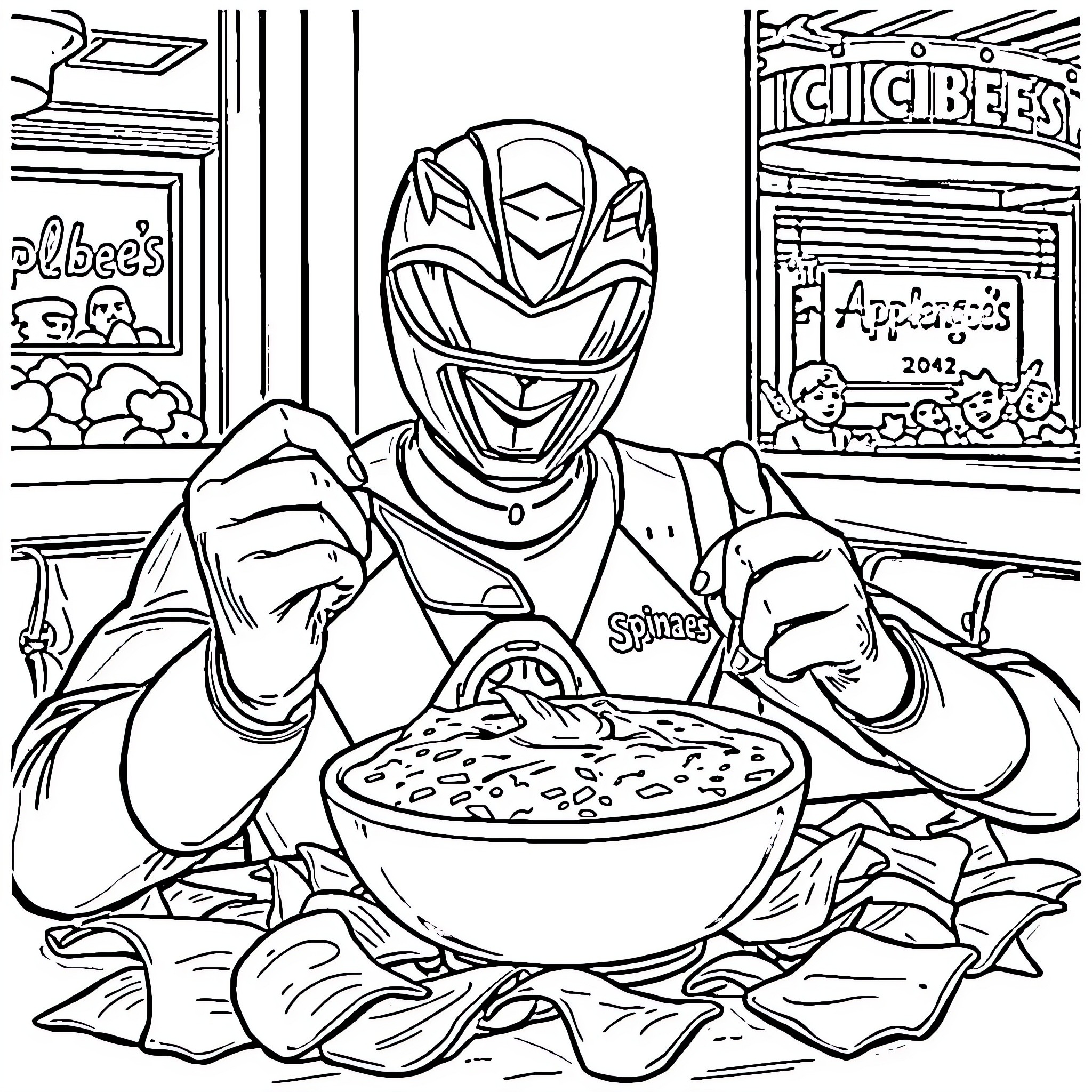 Power Ranger Enjoying a Meal at the Diner Coloring Page (free black-and-white line drawing printable PDF for all, from beginners to advanced learners, including children, teens, adults, and seniors)