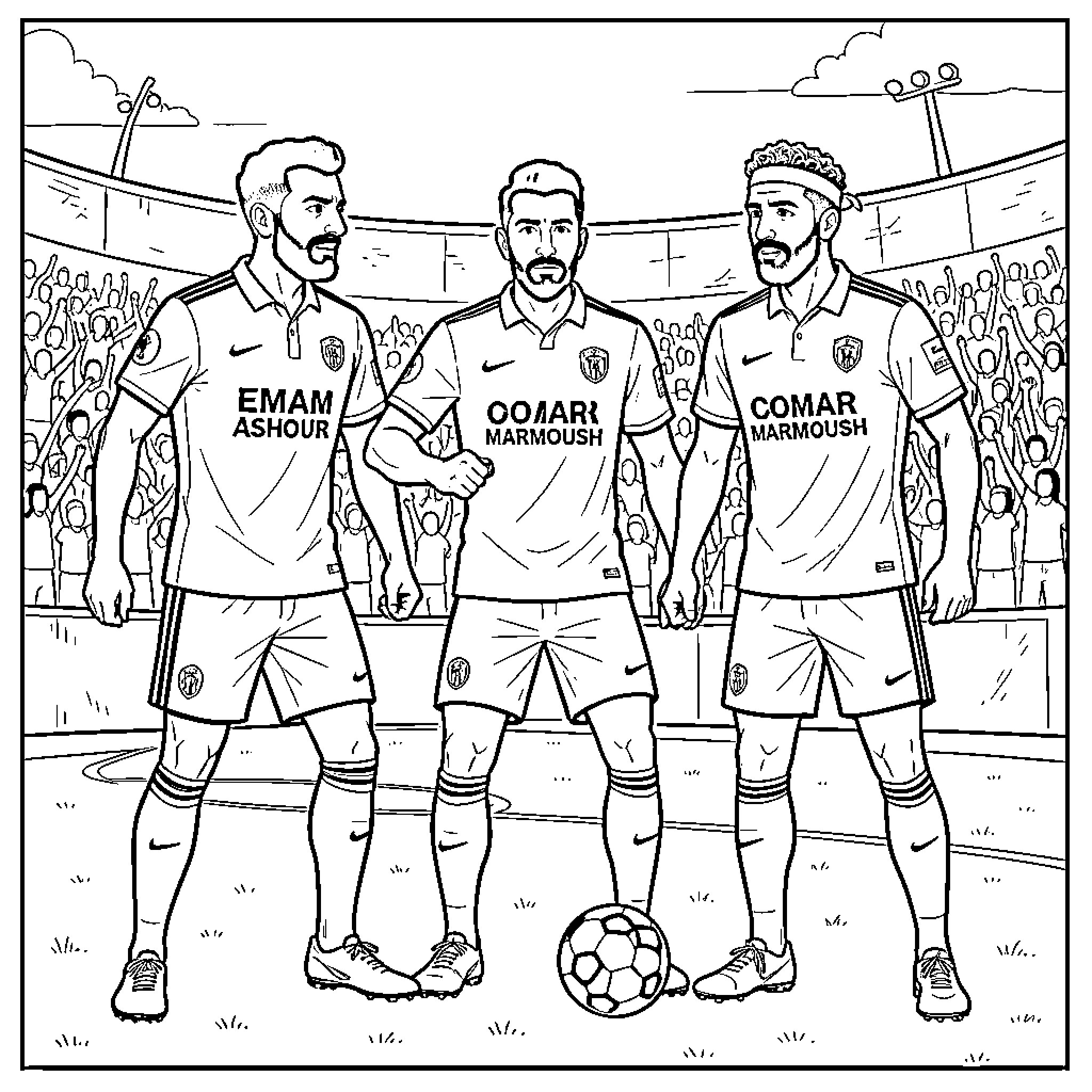 Mohamed Salah and teammates standing on a football pitch Coloring Page (free black-and-white line drawing printable PDF for all, from beginners to advanced learners, including children, teens, adults, and seniors)