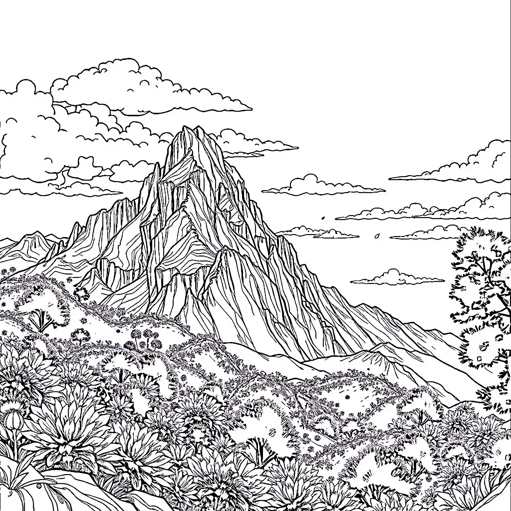 Scenery of a majestic mountain landscape with clouds Coloring Page (free black-and-white line drawing printable PDF for all, from beginners to advanced learners, including children, teens, adults, and seniors)