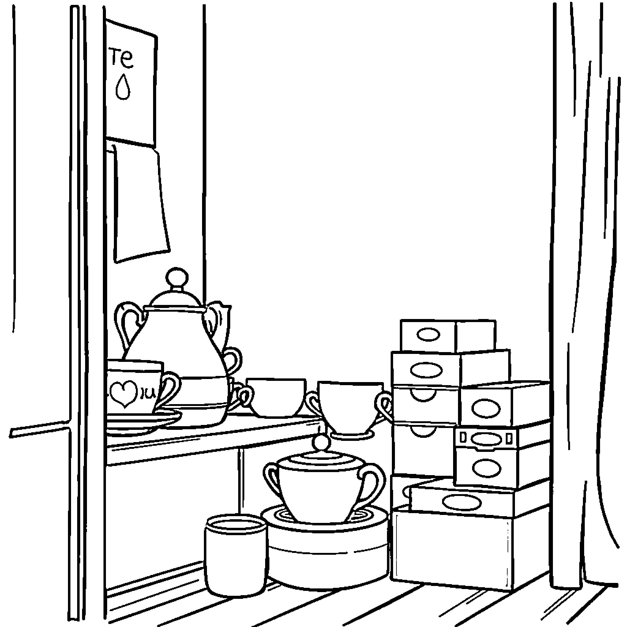 Tea Time with Cozy Kitchen Decor Coloring Page (free black-and-white line drawing printable PDF for all, from beginners to advanced learners, including children, teens, adults, and seniors)