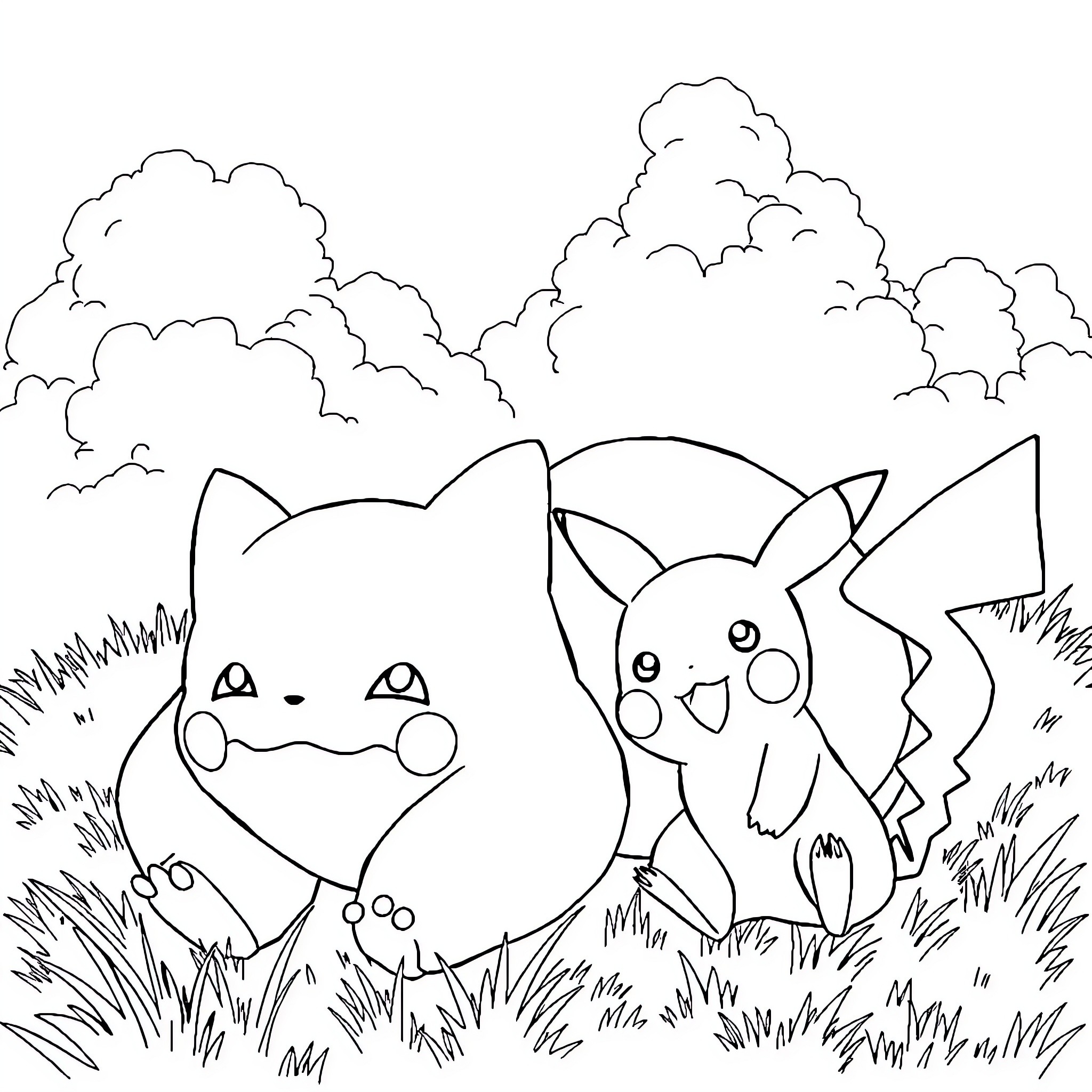 Snorlax and Pikachu playing in the field Coloring Page (free black-and-white line drawing printable PDF for all, from beginners to advanced learners, including children, teens, adults, and seniors)
