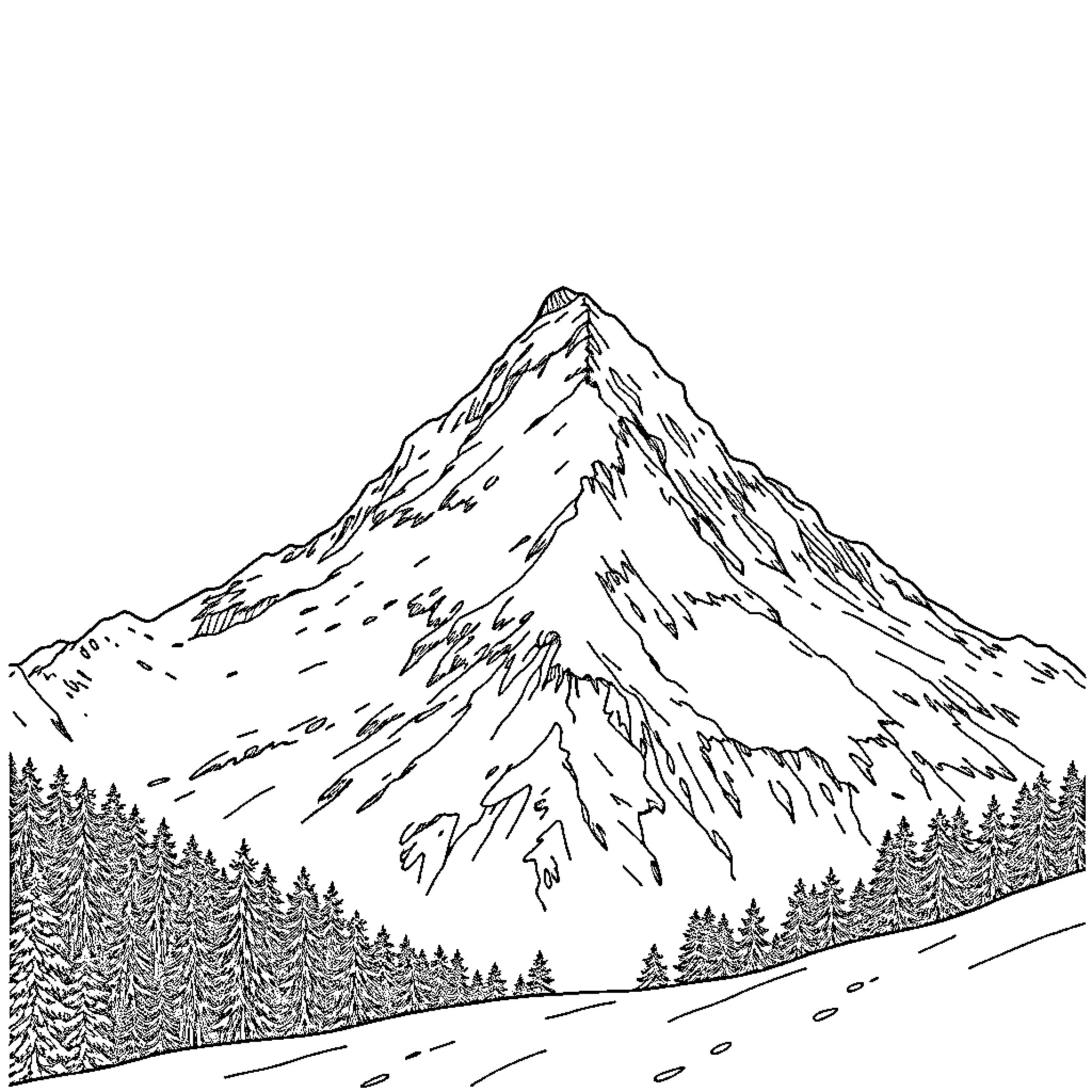 Mountain peak with snow-capped summit and forested landscape Coloring Page (free black-and-white line drawing printable PDF for all, from beginners to advanced learners, including children, teens, adults, and seniors)