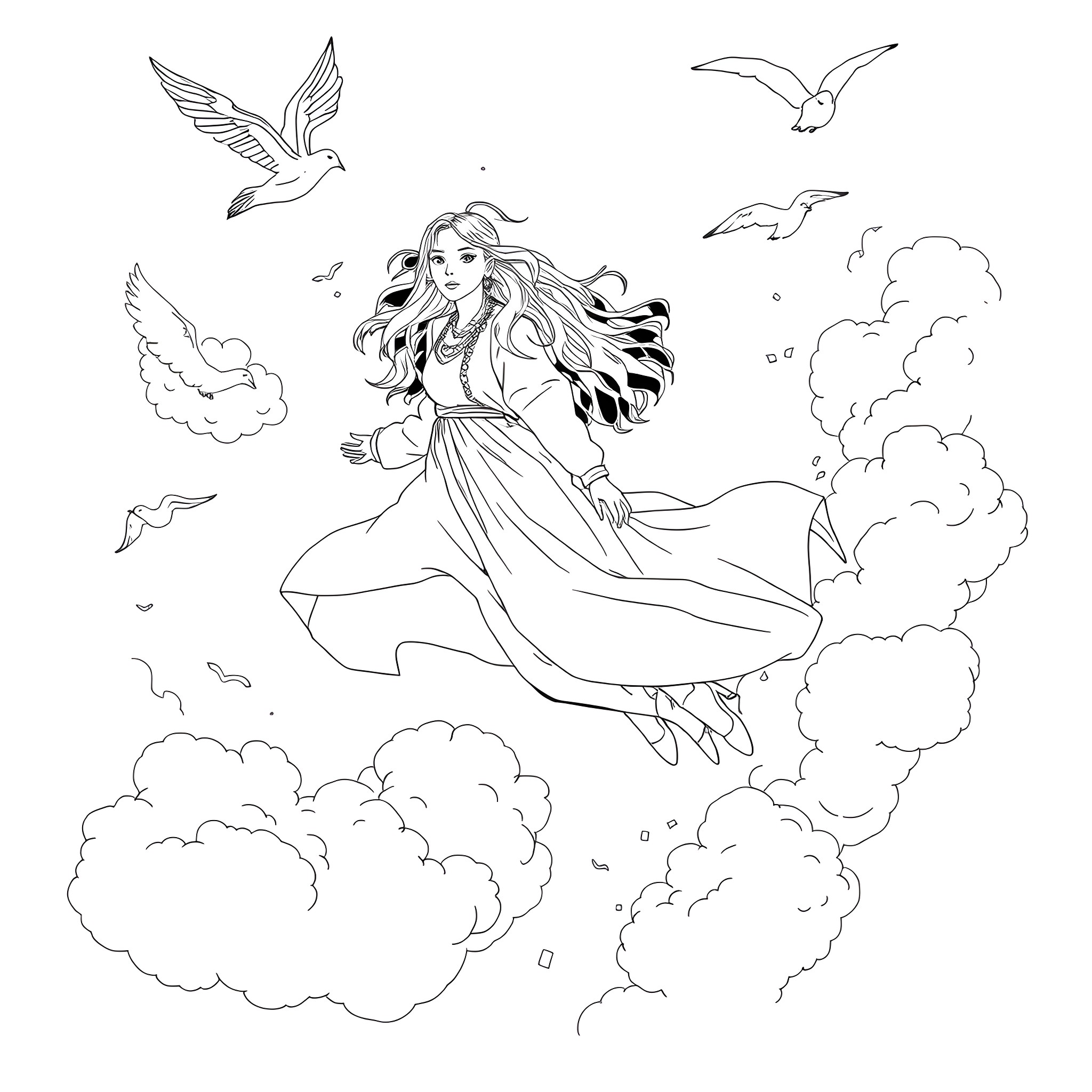 Billie Eilish in a magical windy dress surrounded by birds Coloring Page (free black-and-white line drawing printable PDF for all, from beginners to advanced learners, including children, teens, adults, and seniors)