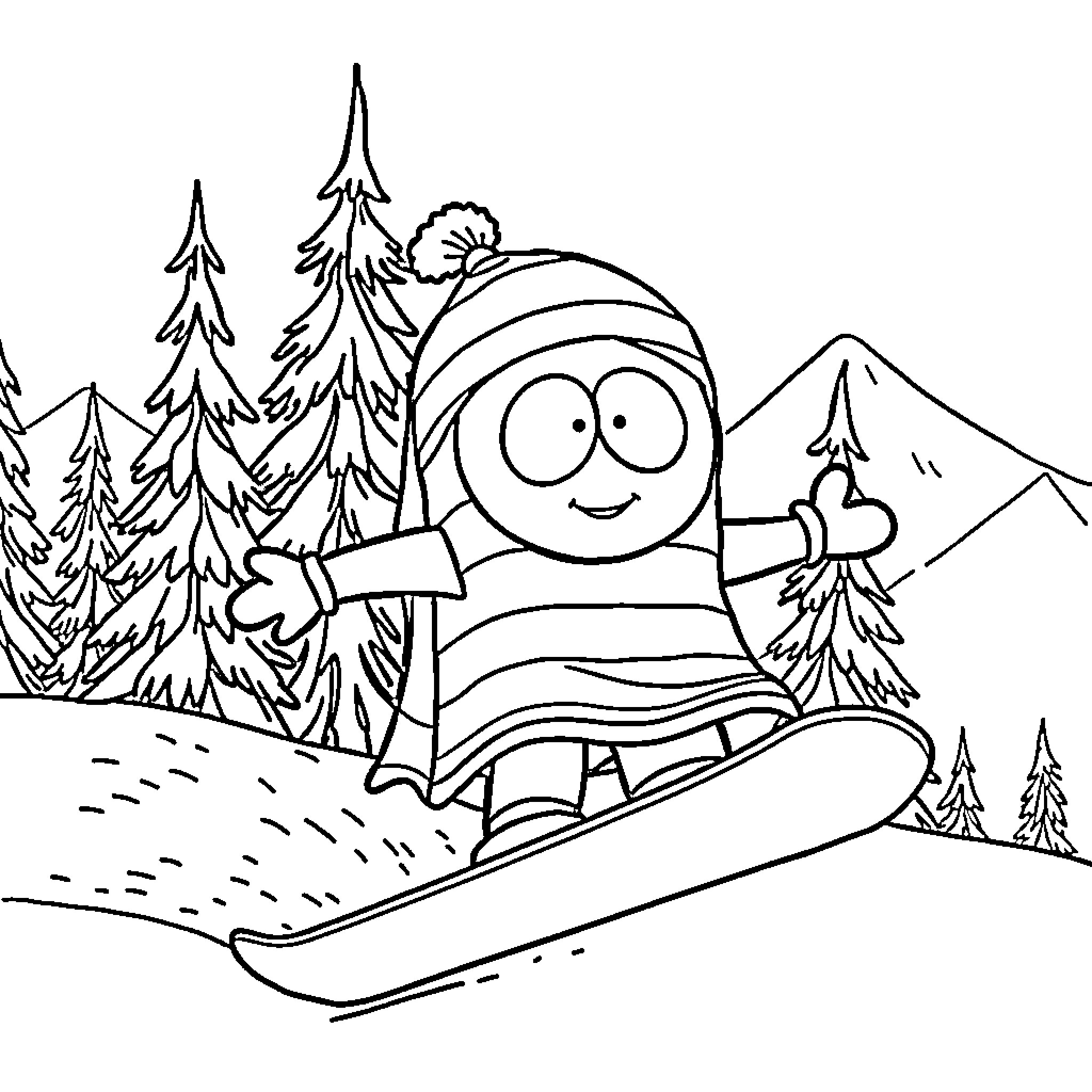 Towelie snowboarding in the mountains Coloring Page (free black-and-white line drawing printable PDF for all, from beginners to advanced learners, including children, teens, adults, and seniors)