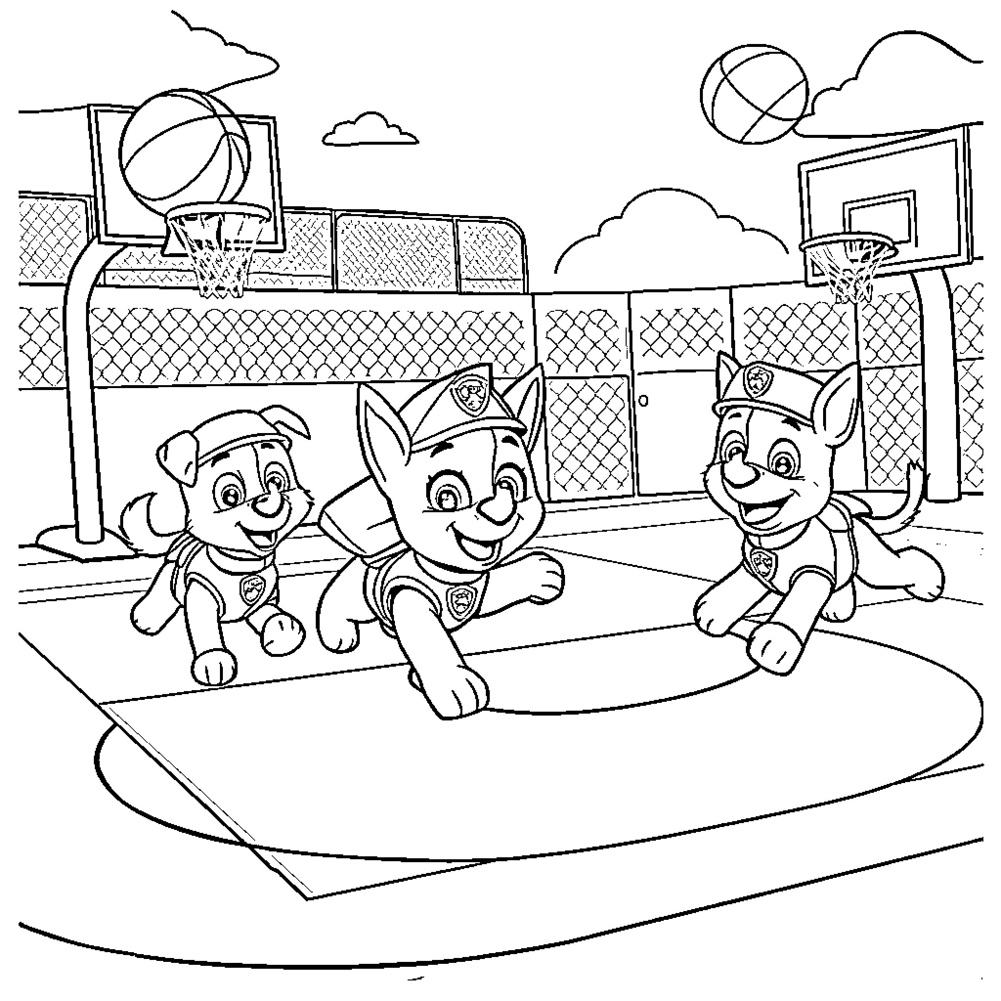 Paw Patrol Pups Playing Basketball on the Court Coloring Page (free black-and-white line drawing printable PDF for all, from beginners to advanced learners, including children, teens, adults, and seniors)