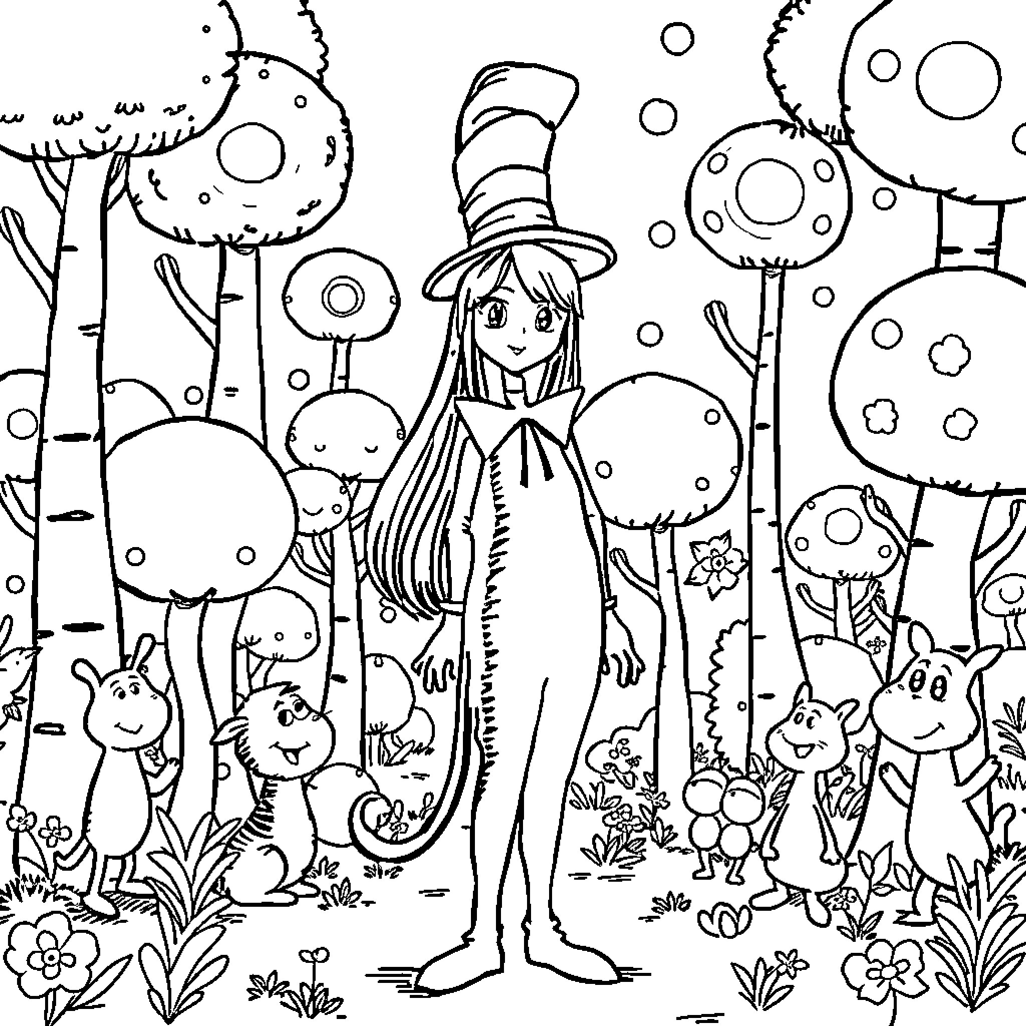 Tsunade in Whimsical Fantasy Forest Setting Coloring Page (free black-and-white line drawing printable PDF for all, from beginners to advanced learners, including children, teens, adults, and seniors)