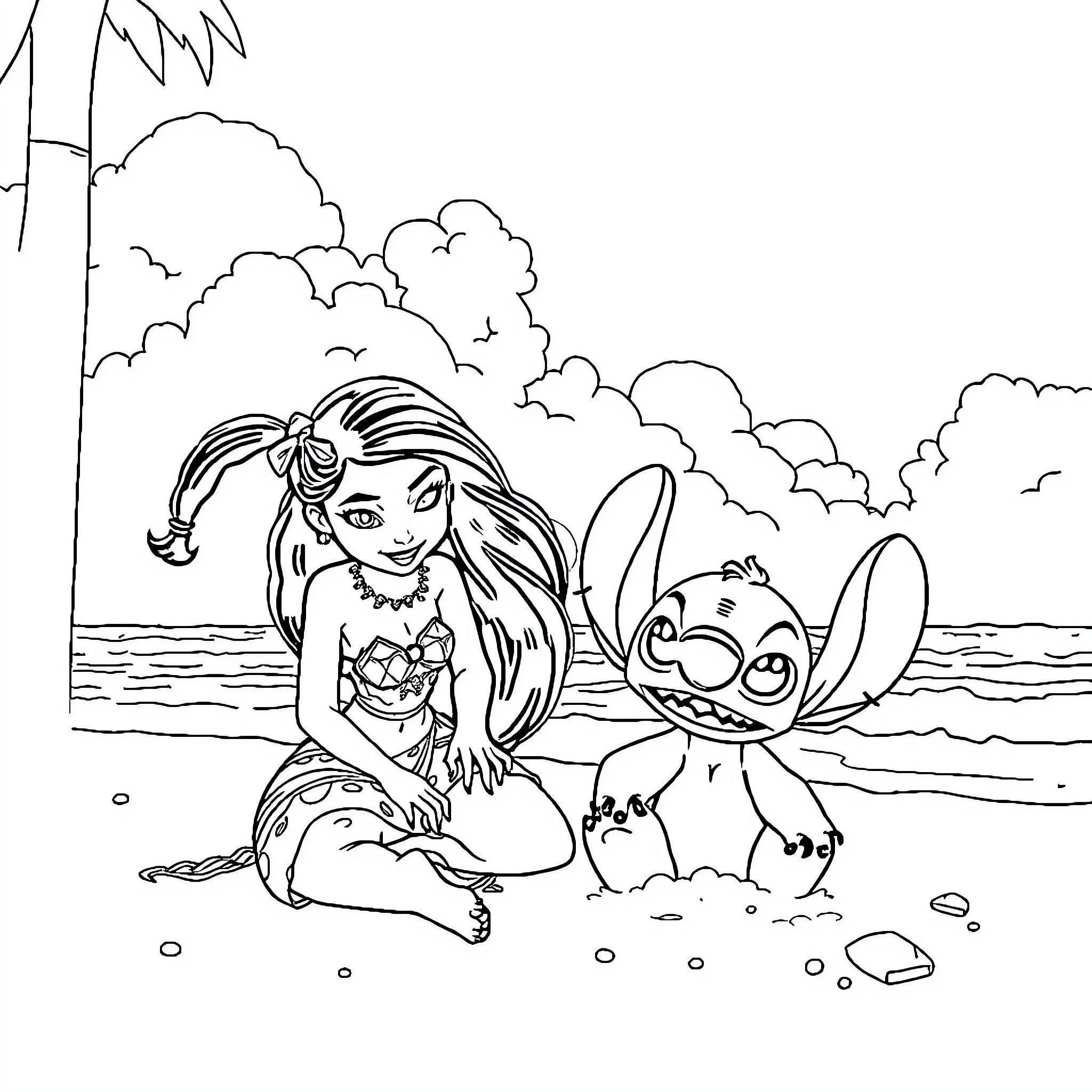 Vaiana and Stitch playing on the beach Coloring Page (free black-and-white line drawing printable PDF for all, from beginners to advanced learners, including children, teens, adults, and seniors)