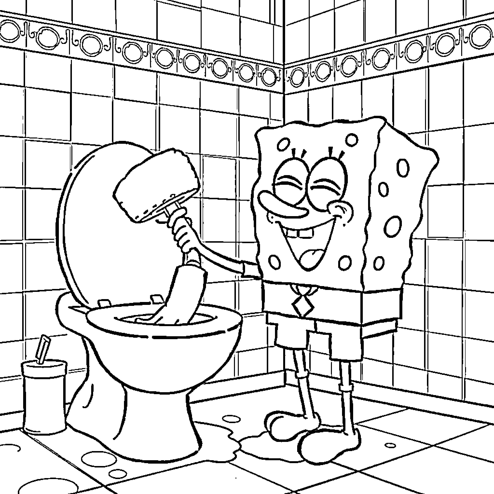 Spongebob's Bathroom Shenanigans Coloring Page (free black-and-white line drawing printable PDF for all, from beginners to advanced learners, including children, teens, adults, and seniors)