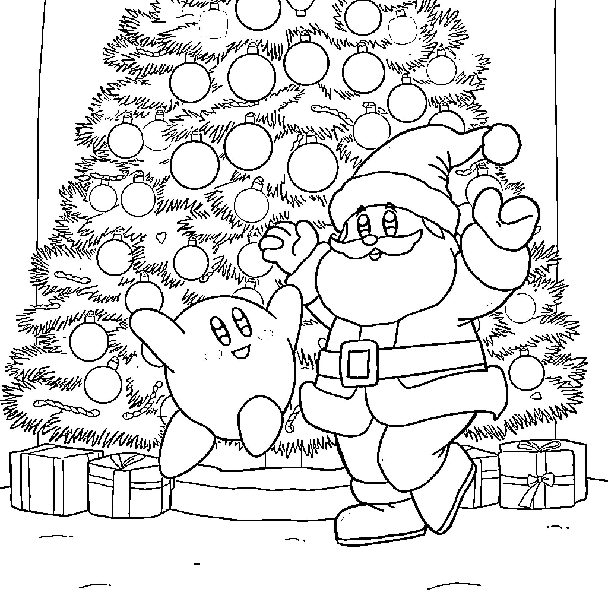 Kirby Decorating Christmas Tree Coloring Page (free black-and-white line drawing printable PDF for all, from beginners to advanced learners, including children, teens, adults, and seniors)