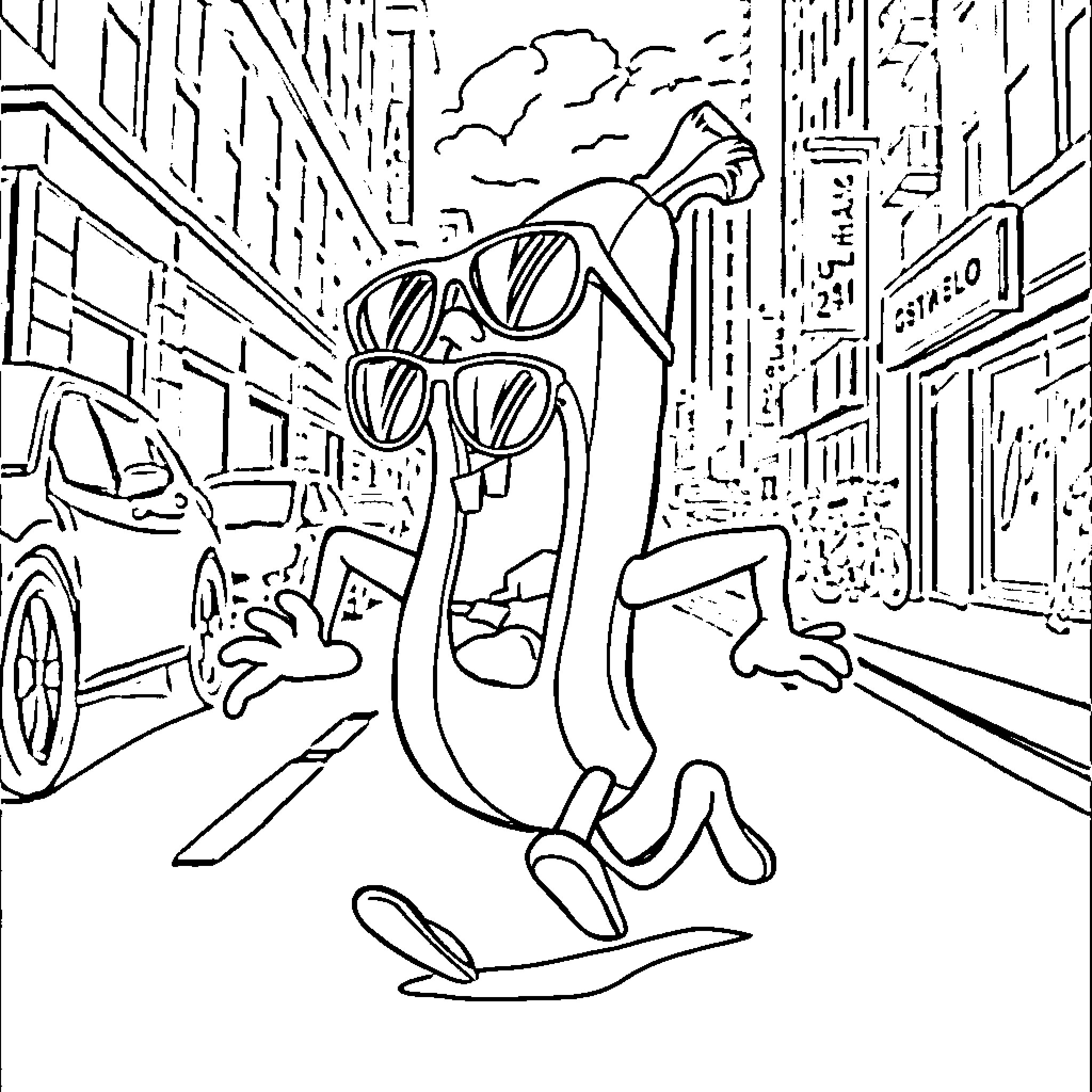 Banana character walking down city street Coloring Page (free black-and-white line drawing printable PDF for all, from beginners to advanced learners, including children, teens, adults, and seniors)