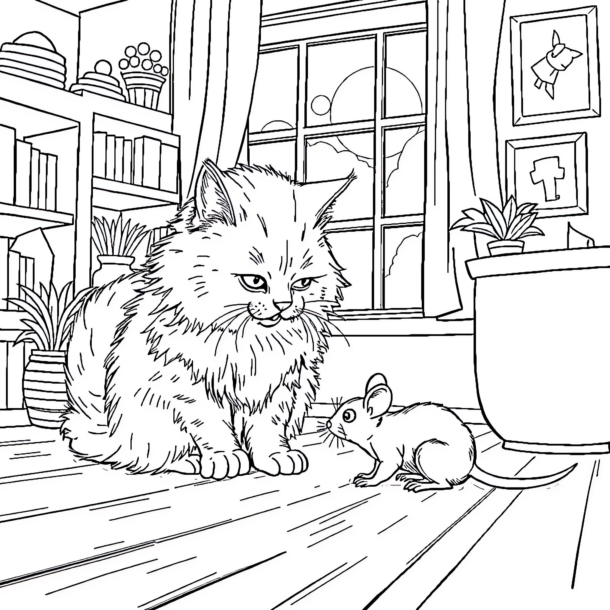 Cat Guarding Home Interior with Pet Mouse Coloring Page (free black-and-white line drawing printable PDF for all, from beginners to advanced learners, including children, teens, adults, and seniors)