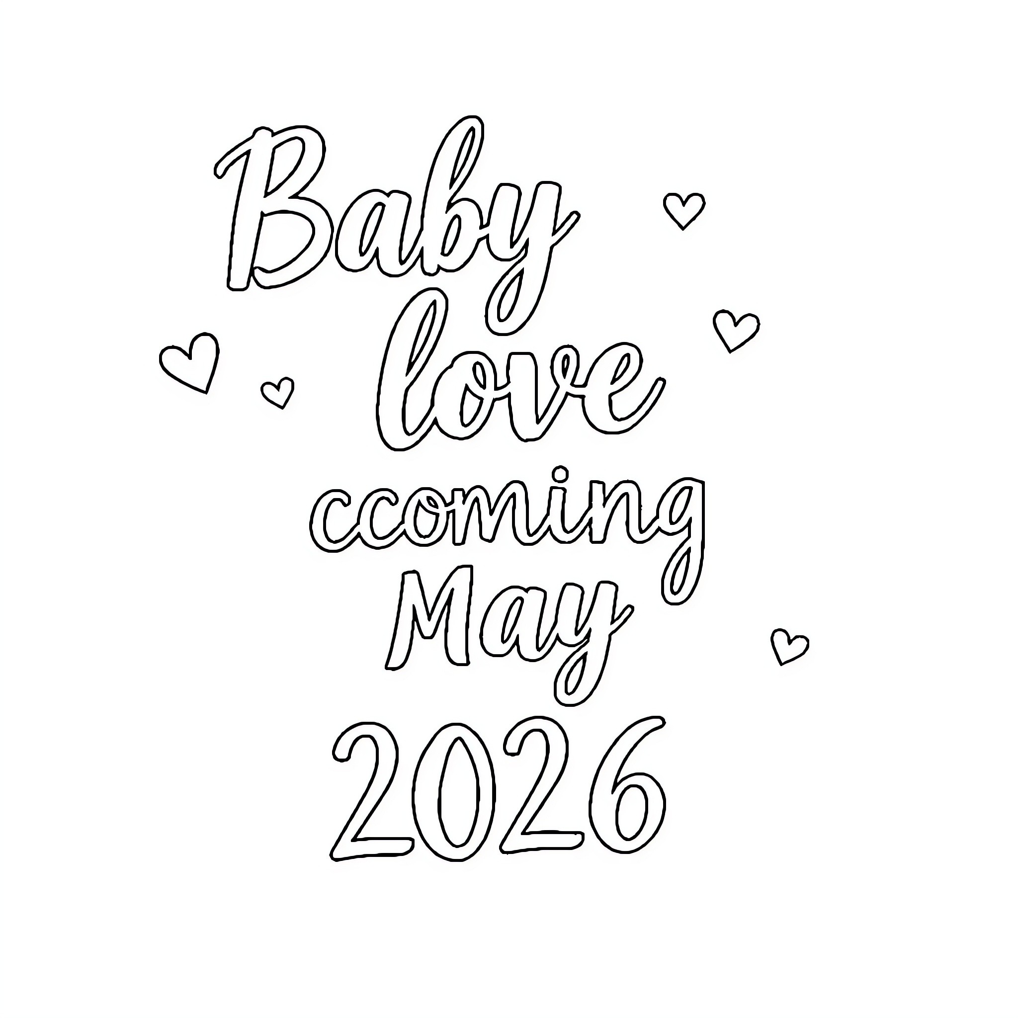 Pregnancy announcement with hearts and text Coloring Page (free black-and-white line drawing printable PDF for all, from beginners to advanced learners, including children, teens, adults, and seniors)
