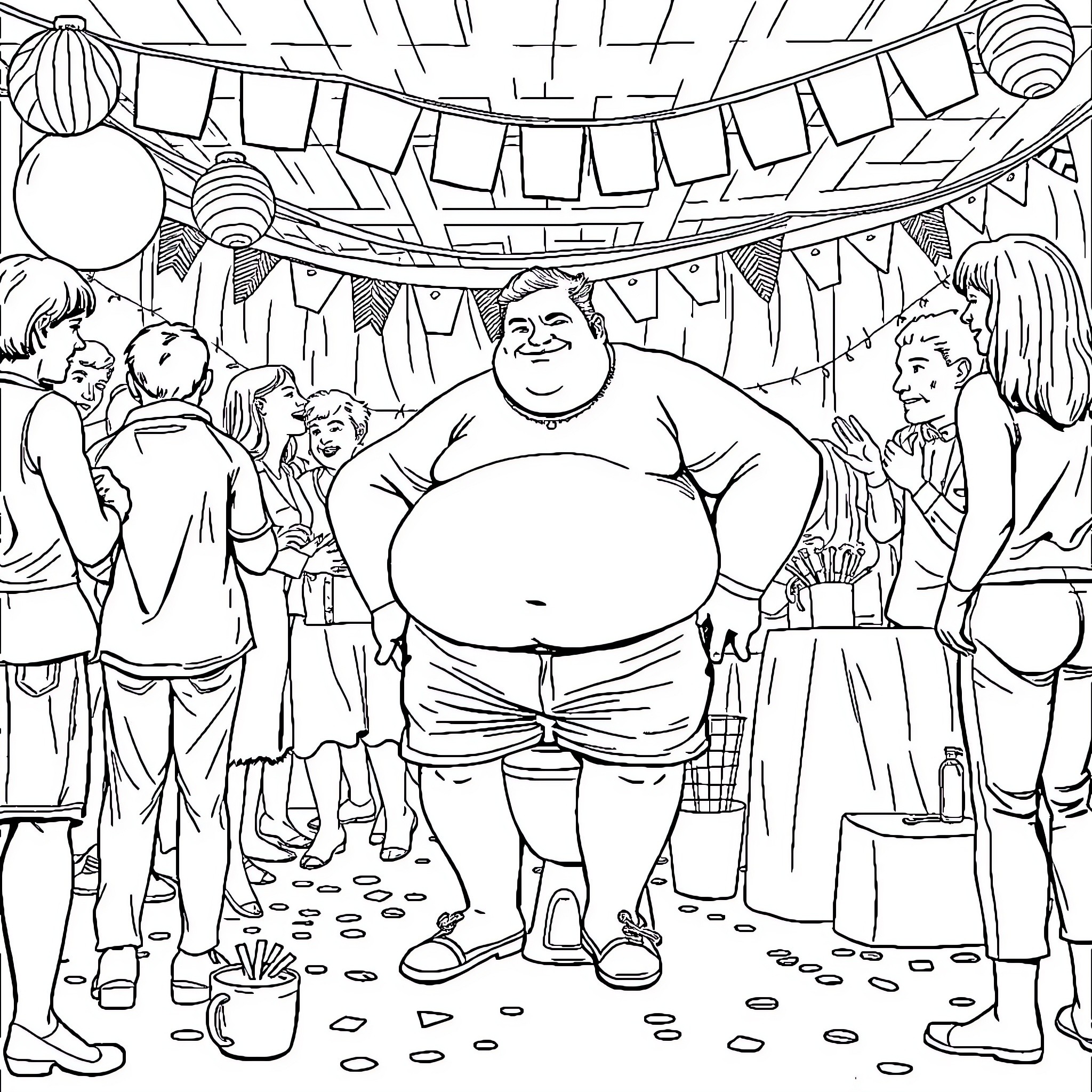 Man celebrates joyfully with friends at a party Coloring Page (free black-and-white line drawing printable PDF for all, from beginners to advanced learners, including children, teens, adults, and seniors)