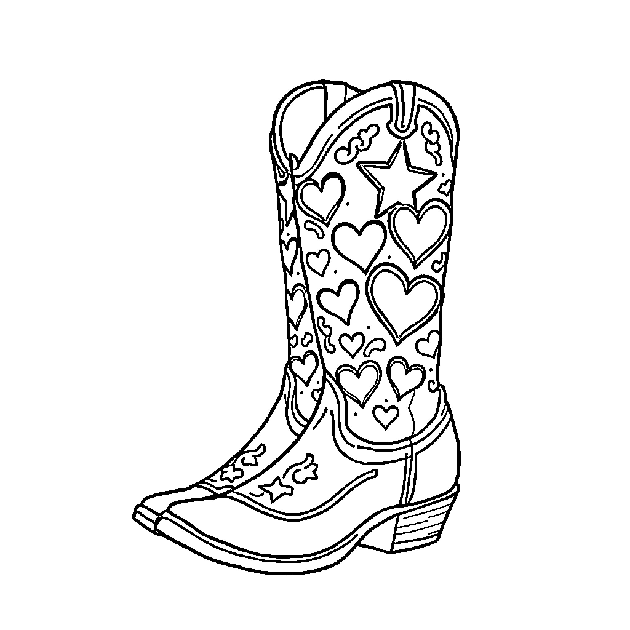 Boot decorated with hearts and stars Coloring Page (free black-and-white line drawing printable PDF for all, from beginners to advanced learners, including children, teens, adults, and seniors)