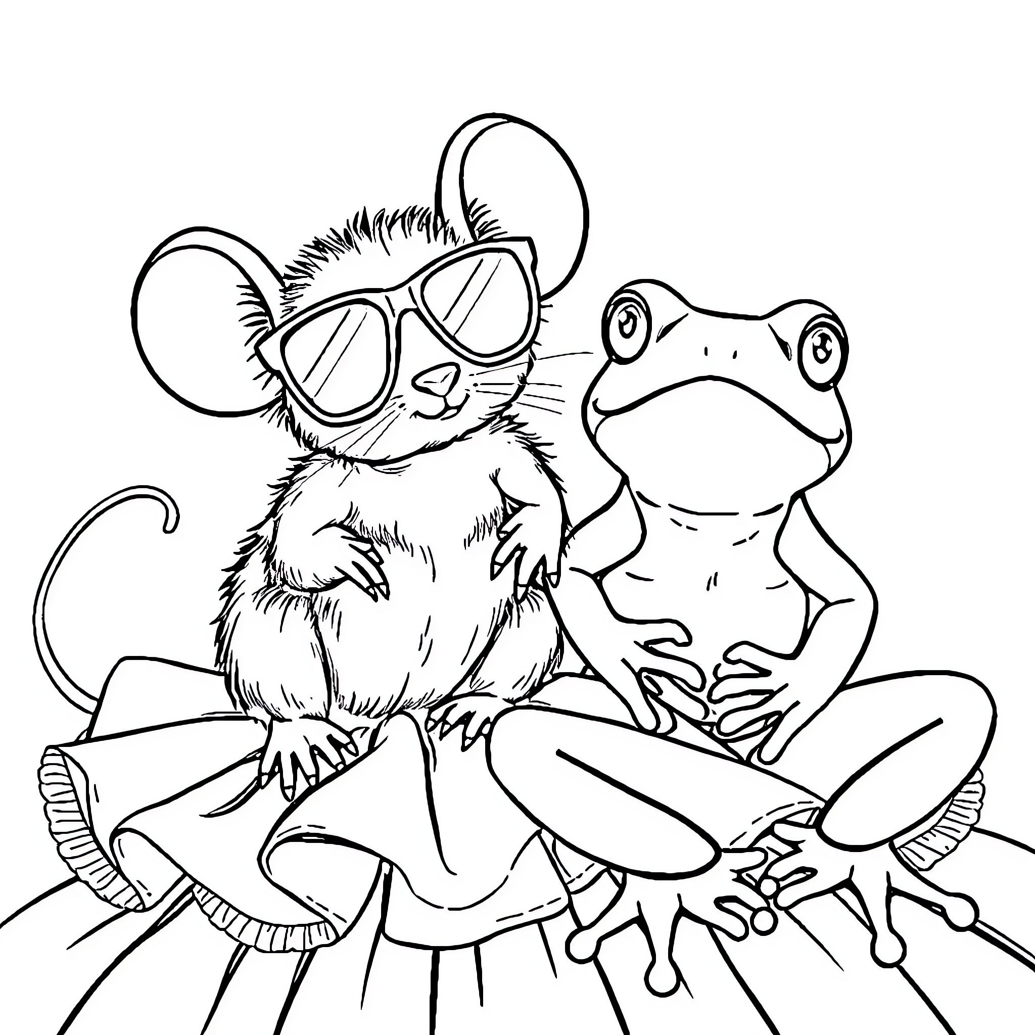 Mouse and Frog Wearing Sunglasses in Whimsical Attire Coloring Page (free black-and-white line drawing printable PDF for all, from beginners to advanced learners, including children, teens, adults, and seniors)