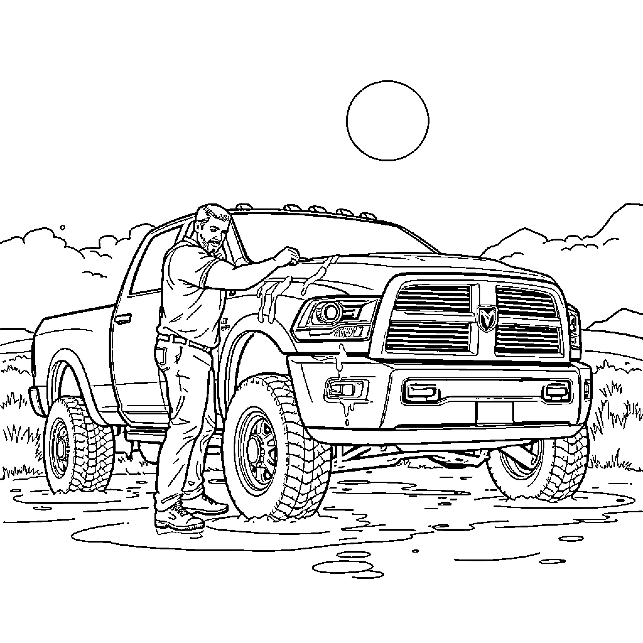 Man inspecting his rugged off-road truck in the countryside Coloring Page (free black-and-white line drawing printable PDF for all, from beginners to advanced learners, including children, teens, adults, and seniors)