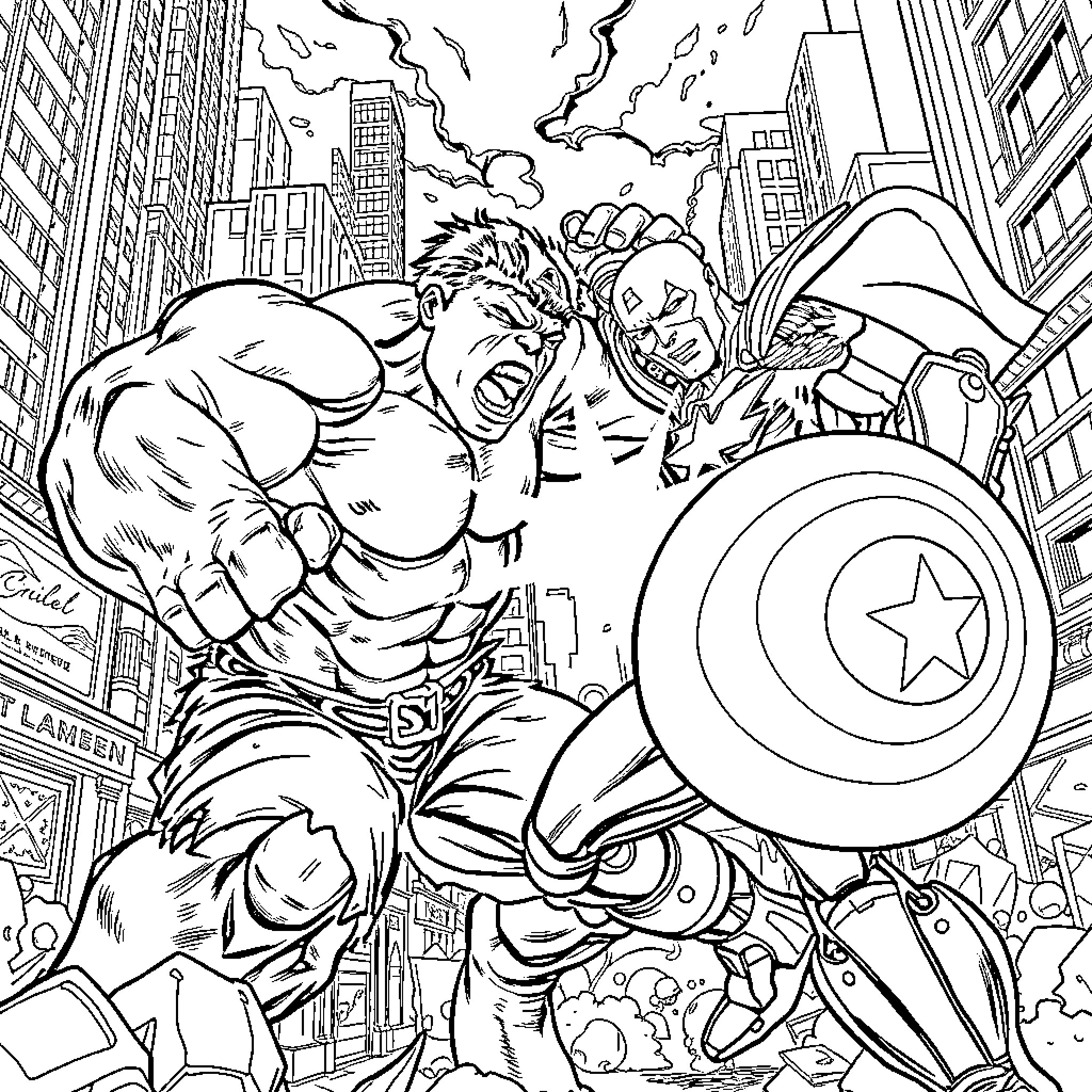 Hulk battles villains in the city streets Coloring Page (free black-and-white line drawing printable PDF for all, from beginners to advanced learners, including children, teens, adults, and seniors)