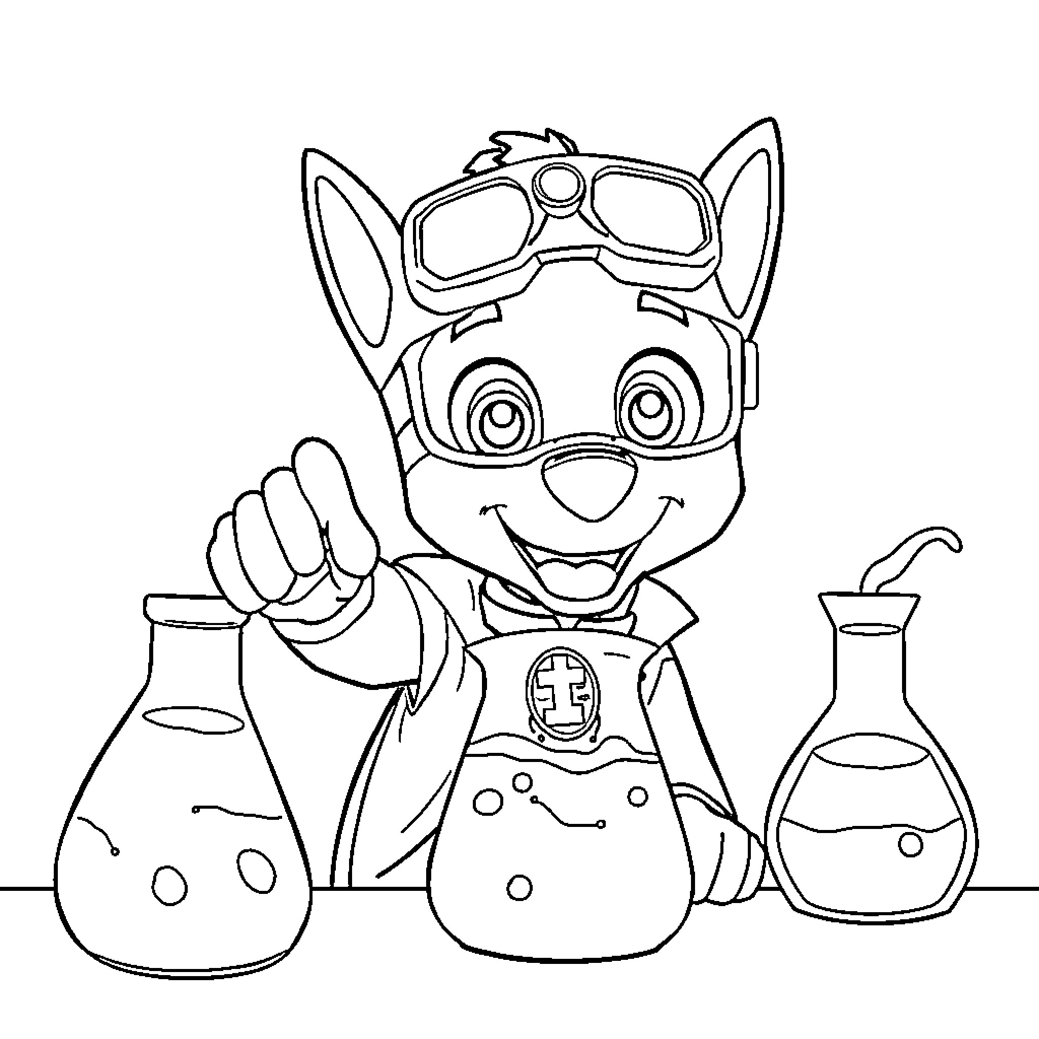 Chase the Lab Puppy's Experiment Coloring Page (free black-and-white line drawing printable PDF for all, from beginners to advanced learners, including children, teens, adults, and seniors)