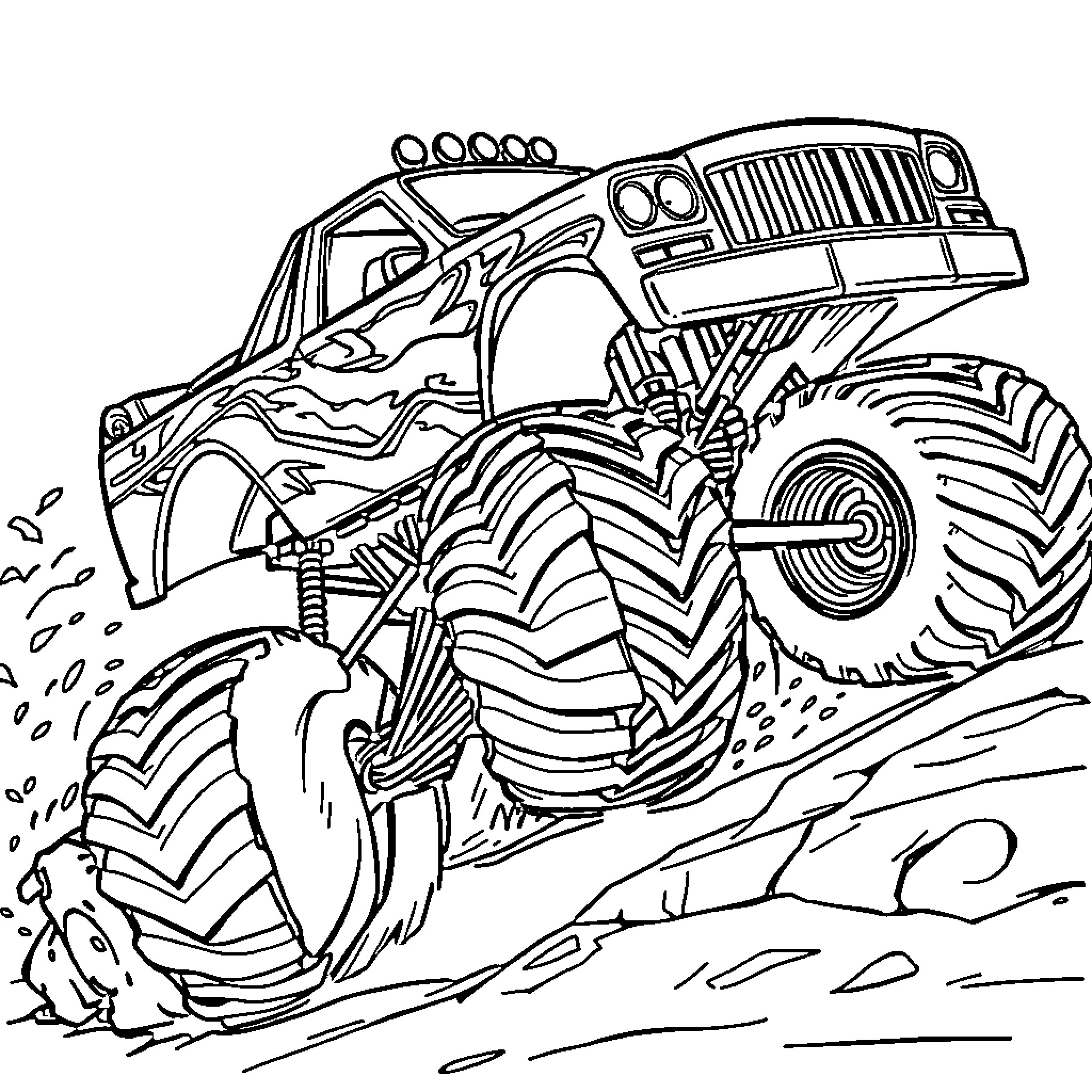 Monster Truck Crushing Obstacles in Action Coloring Page (free black-and-white line drawing printable PDF for all, from beginners to advanced learners, including children, teens, adults, and seniors)