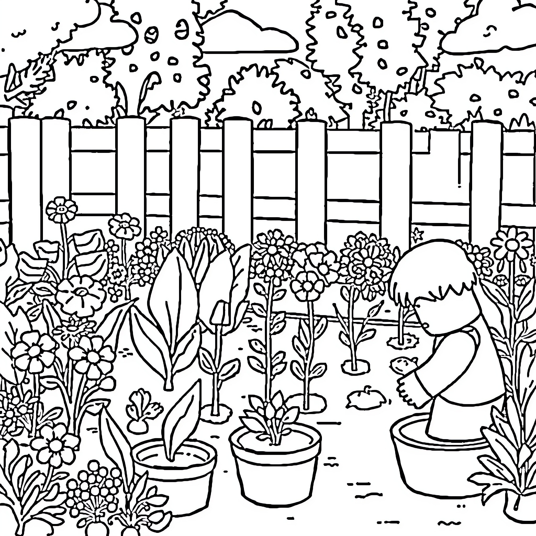 Garden Filled with Blooming Flowers and Gardening Activity Coloring Page (free black-and-white line drawing printable PDF for all, from beginners to advanced learners, including children, teens, adults, and seniors)