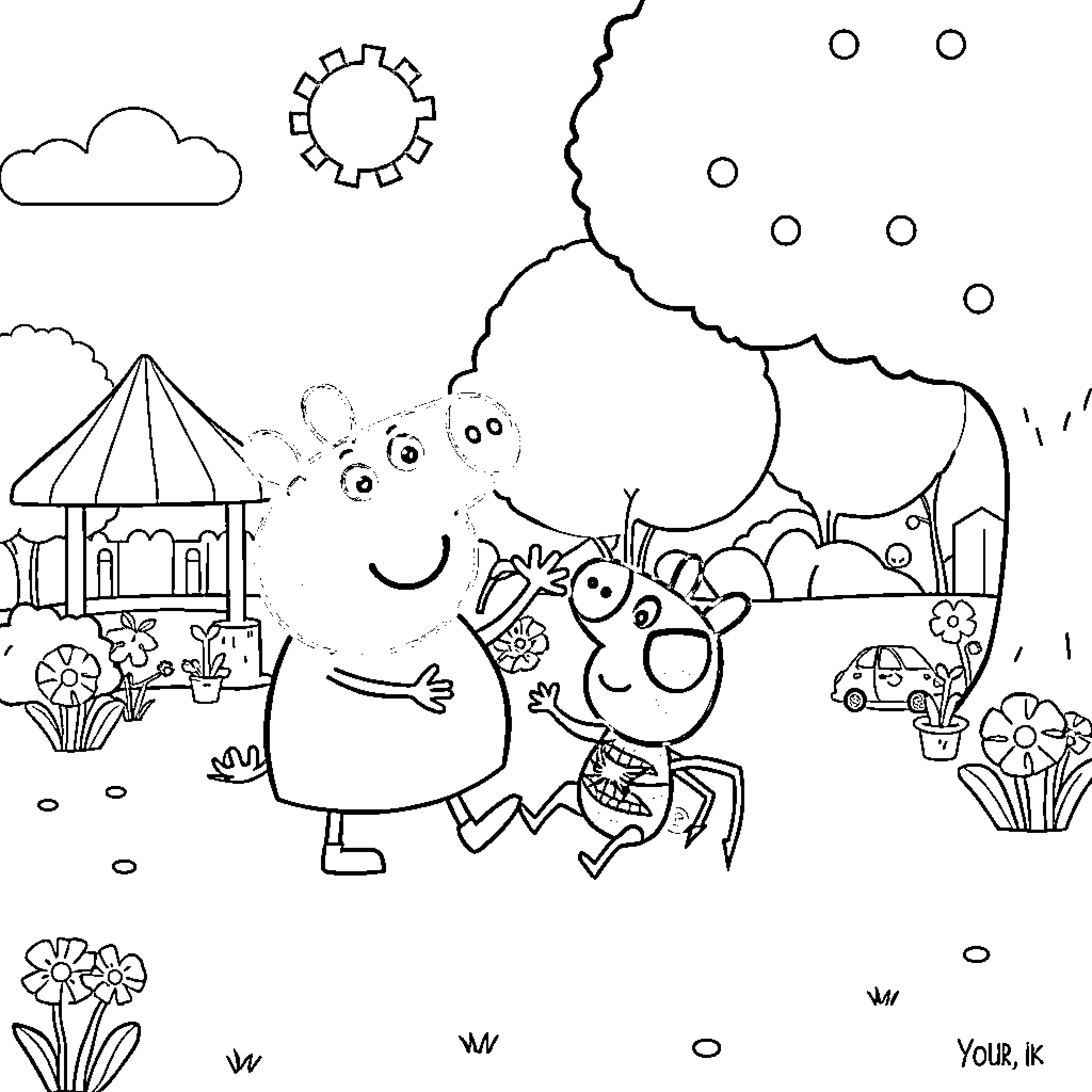 Peppa Pig and friends enjoying a sunny day Coloring Page (free black-and-white line drawing printable PDF for all, from beginners to advanced learners, including children, teens, adults, and seniors)