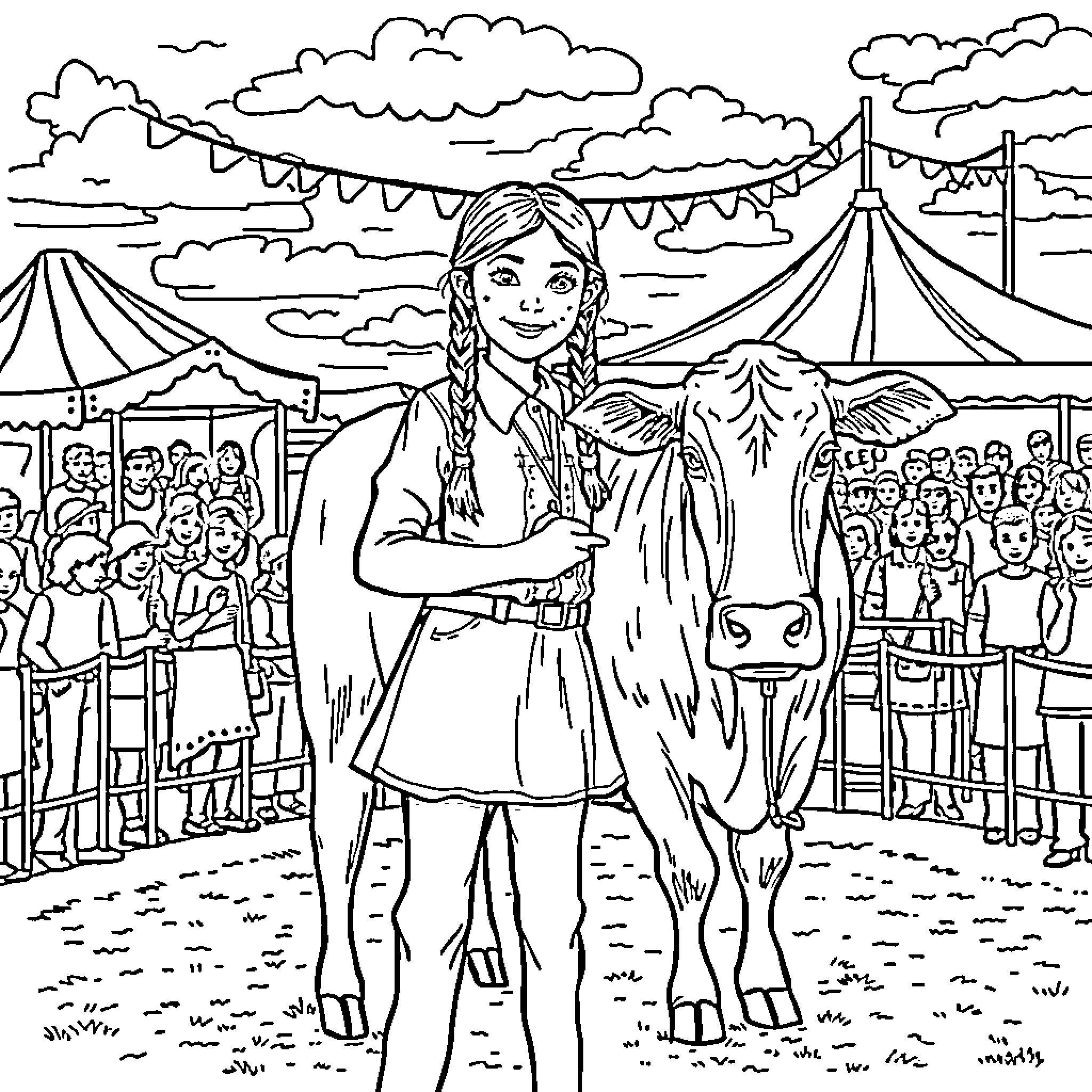 Girl at a Country Fair with Cow Coloring Page (free black-and-white line drawing printable PDF for all, from beginners to advanced learners, including children, teens, adults, and seniors)