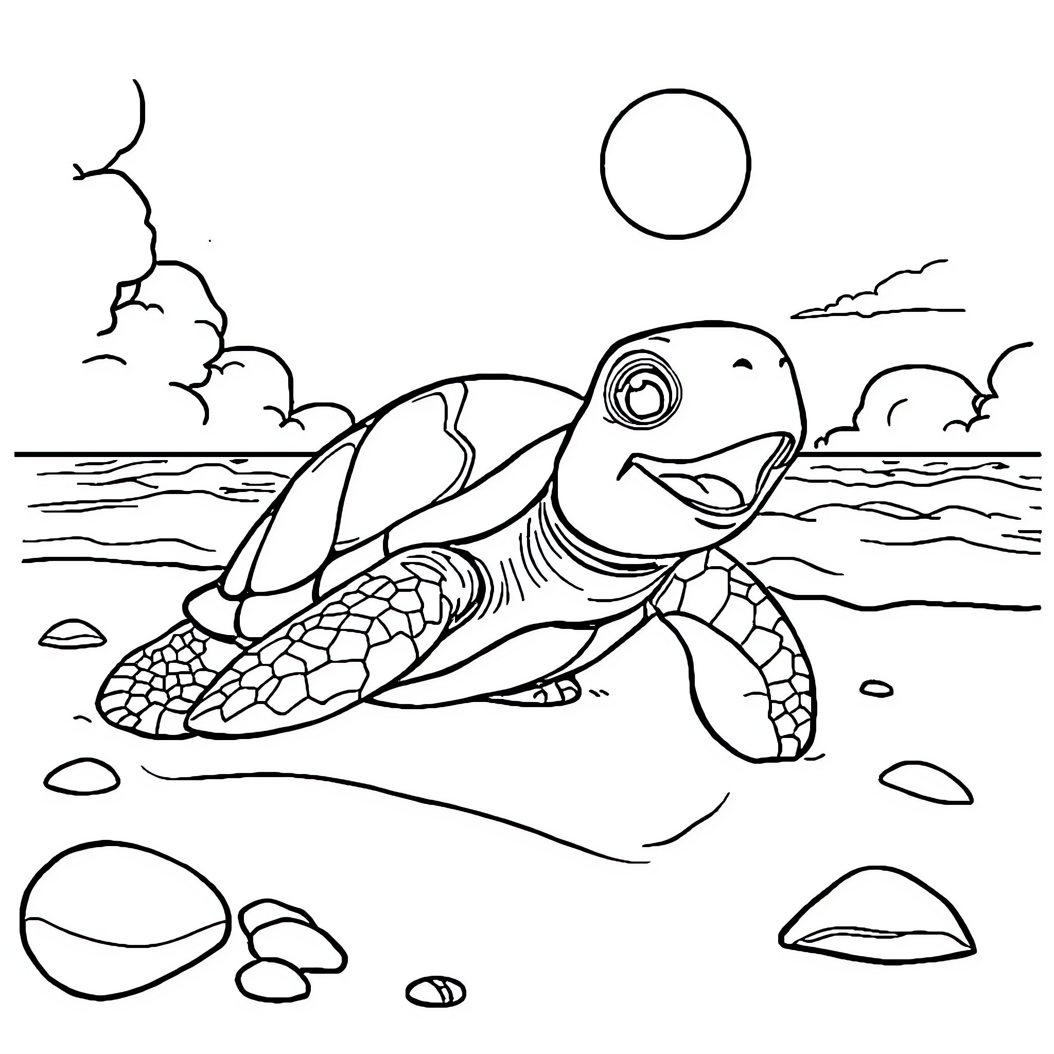 Turtle swimming happily in the ocean Coloring Page (free black-and-white line drawing printable PDF for all, from beginners to advanced learners, including children, teens, adults, and seniors)