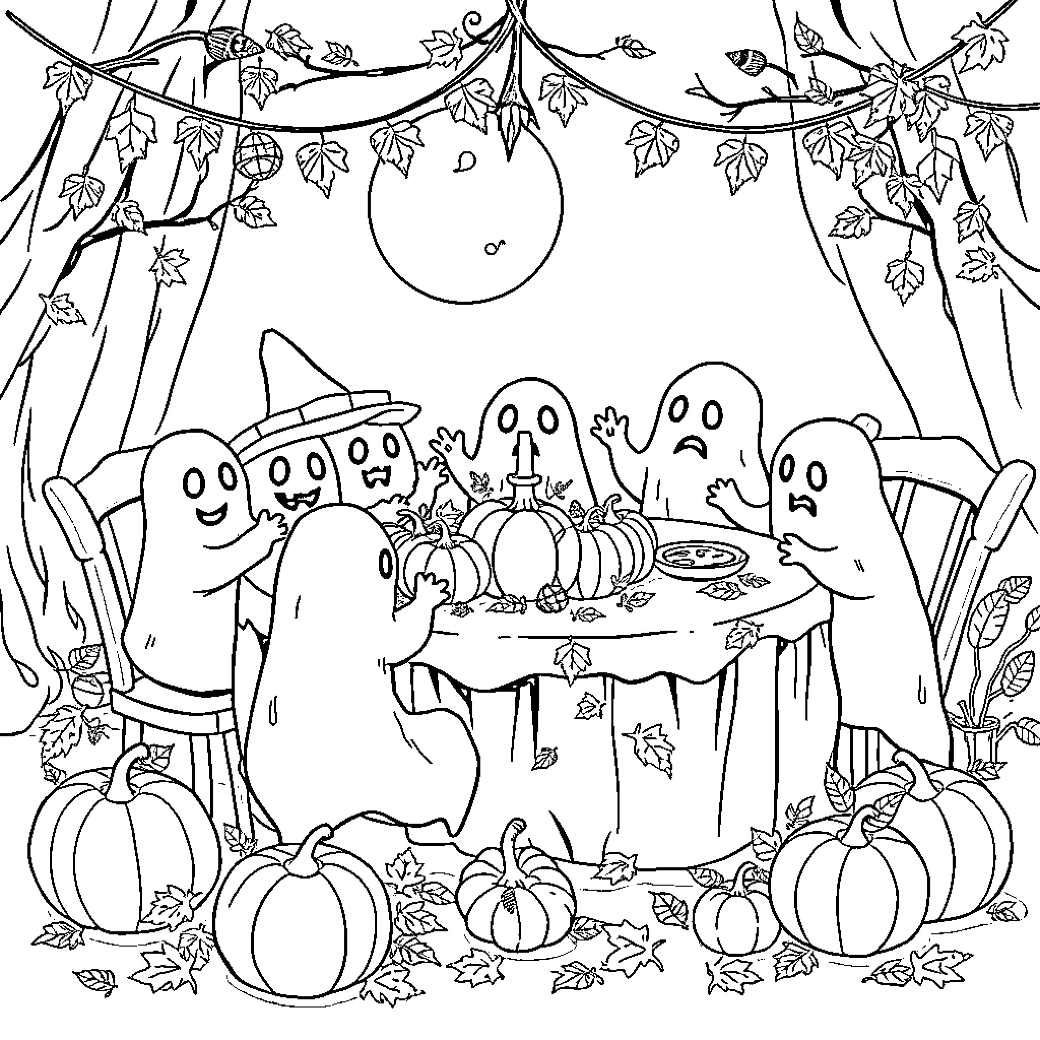 Ghost Trick-or-Treating on Halloween Night Coloring Page (free black-and-white line drawing printable PDF for all, from beginners to advanced learners, including children, teens, adults, and seniors)