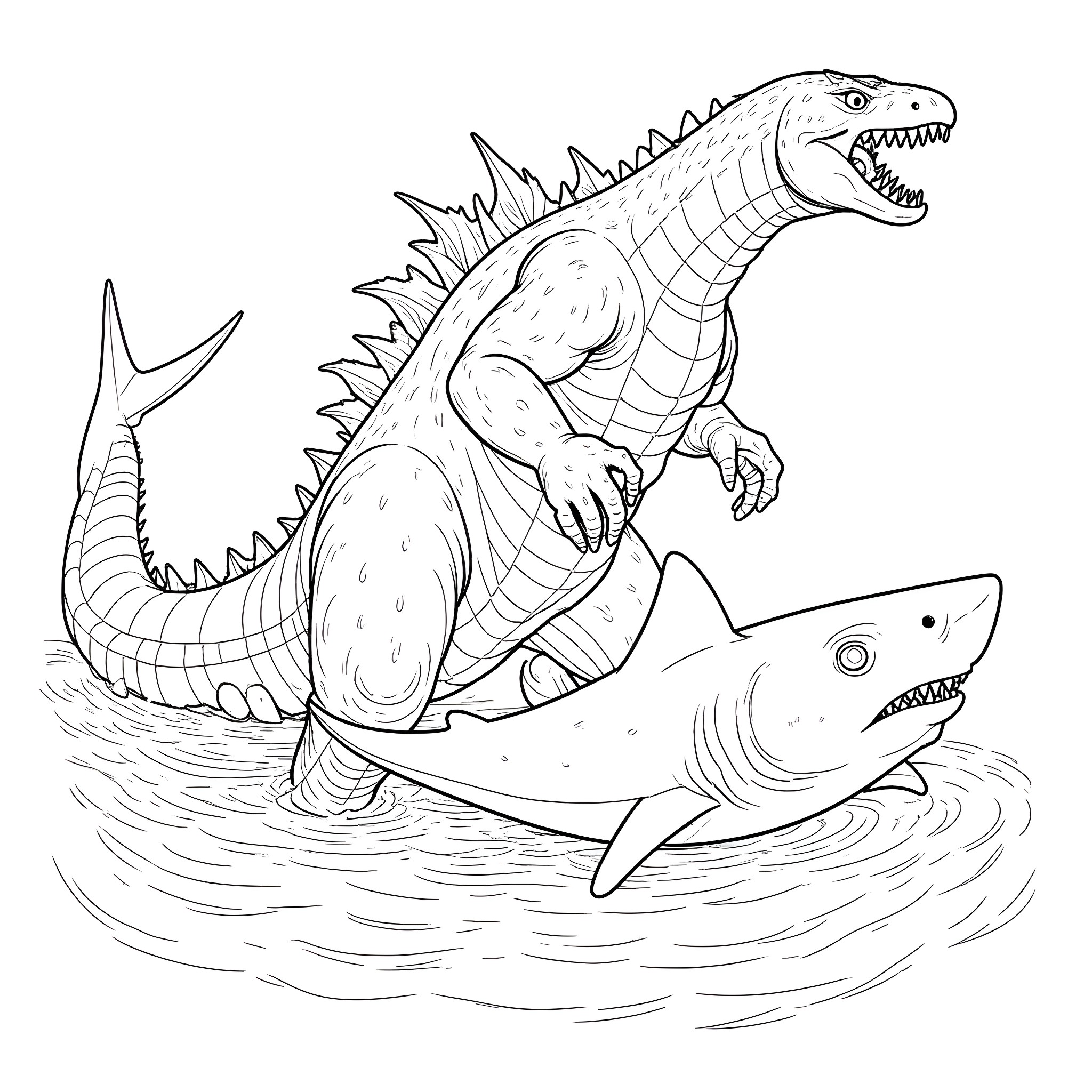 Godzilla battling a fierce shark in the water Coloring Page (free black-and-white line drawing printable PDF for all, from beginners to advanced learners, including children, teens, adults, and seniors)