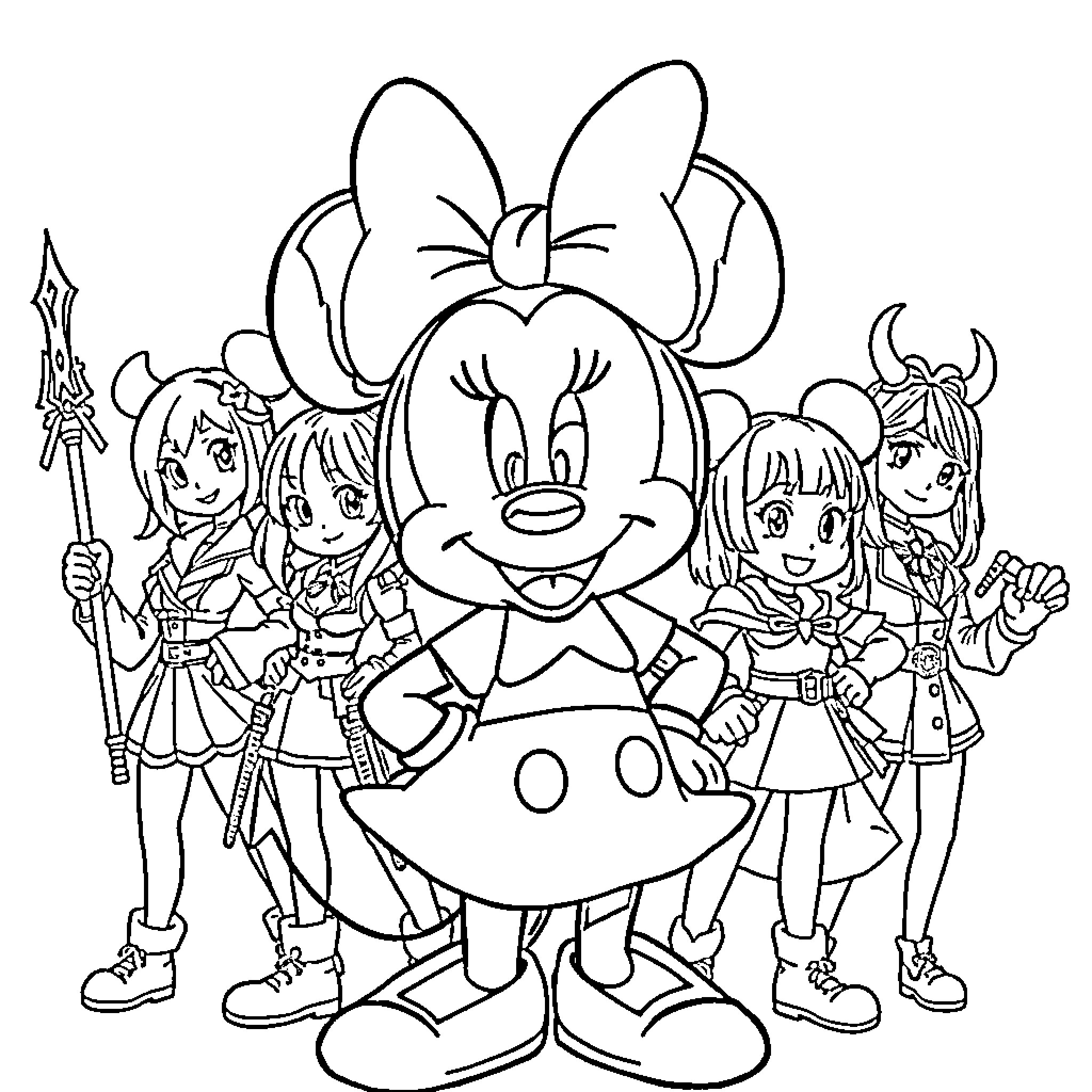 Minnie Mouse and Fantasy Adventure Friends Coloring Page (free black-and-white line drawing printable PDF for all, from beginners to advanced learners, including children, teens, adults, and seniors)