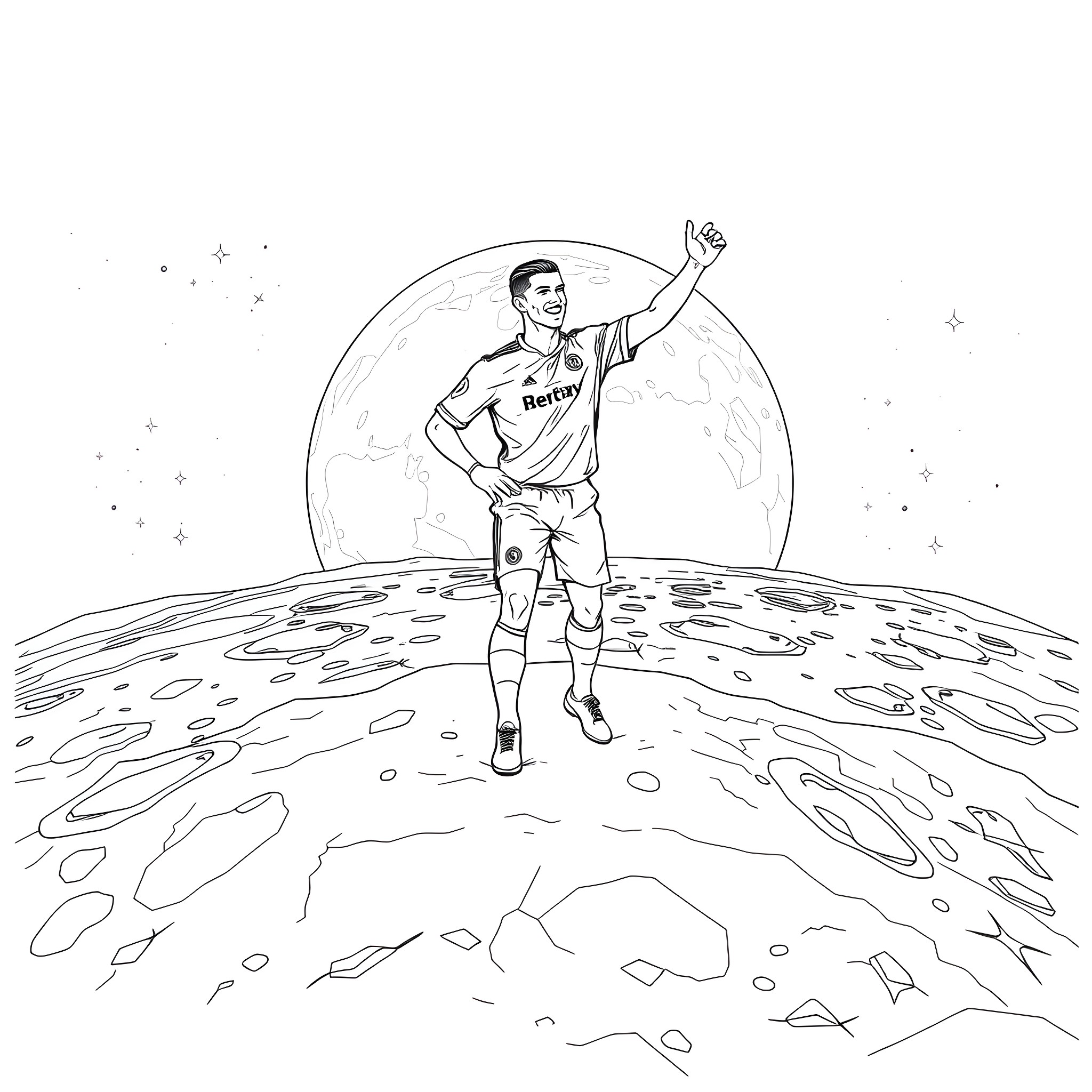 Cristiano Ronaldo Celebrating on the Moon Coloring Page (free black-and-white line drawing printable PDF for all, from beginners to advanced learners, including children, teens, adults, and seniors)