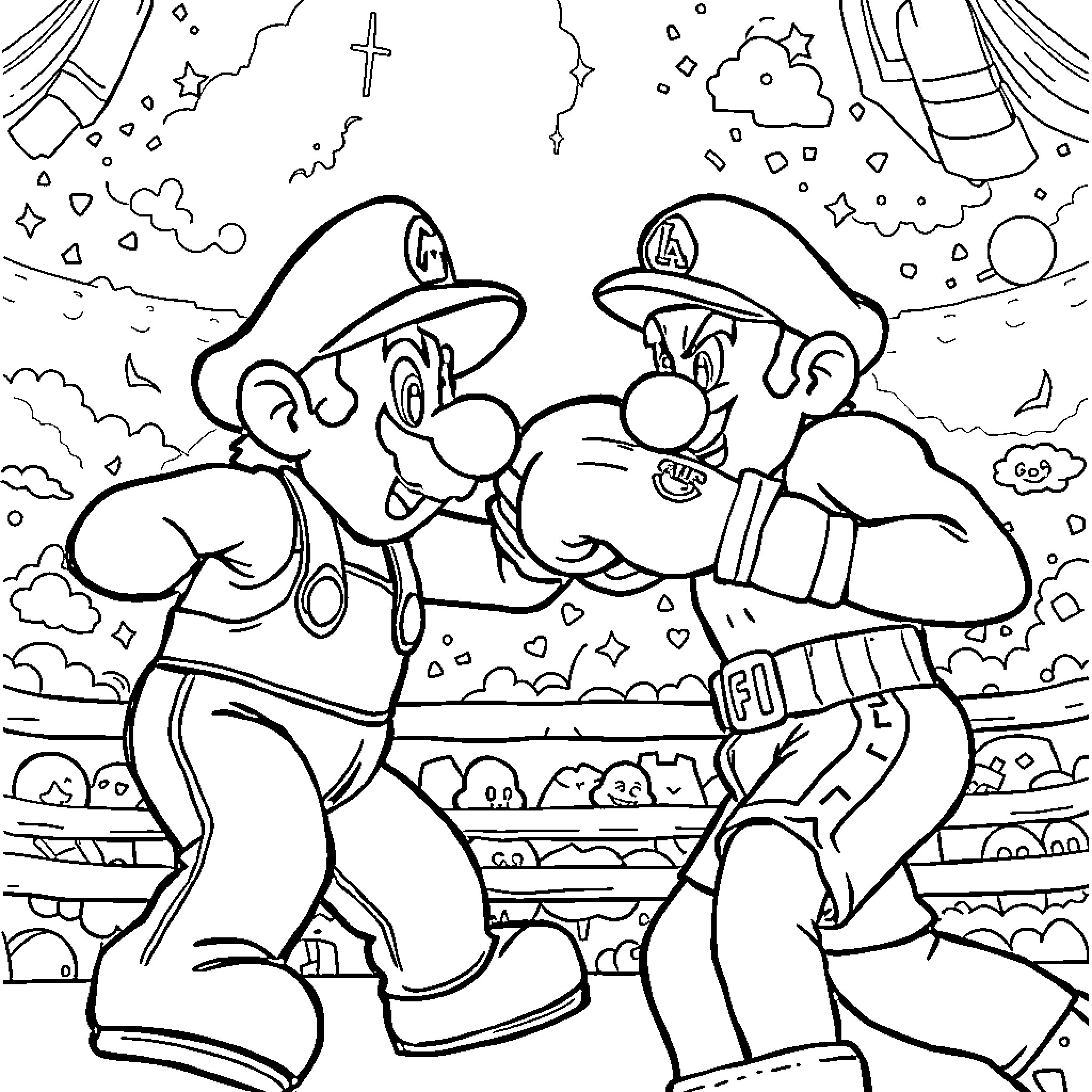 Mario Brothers Exploring the Fantastical World Coloring Page (free black-and-white line drawing printable PDF for all, from beginners to advanced learners, including children, teens, adults, and seniors)