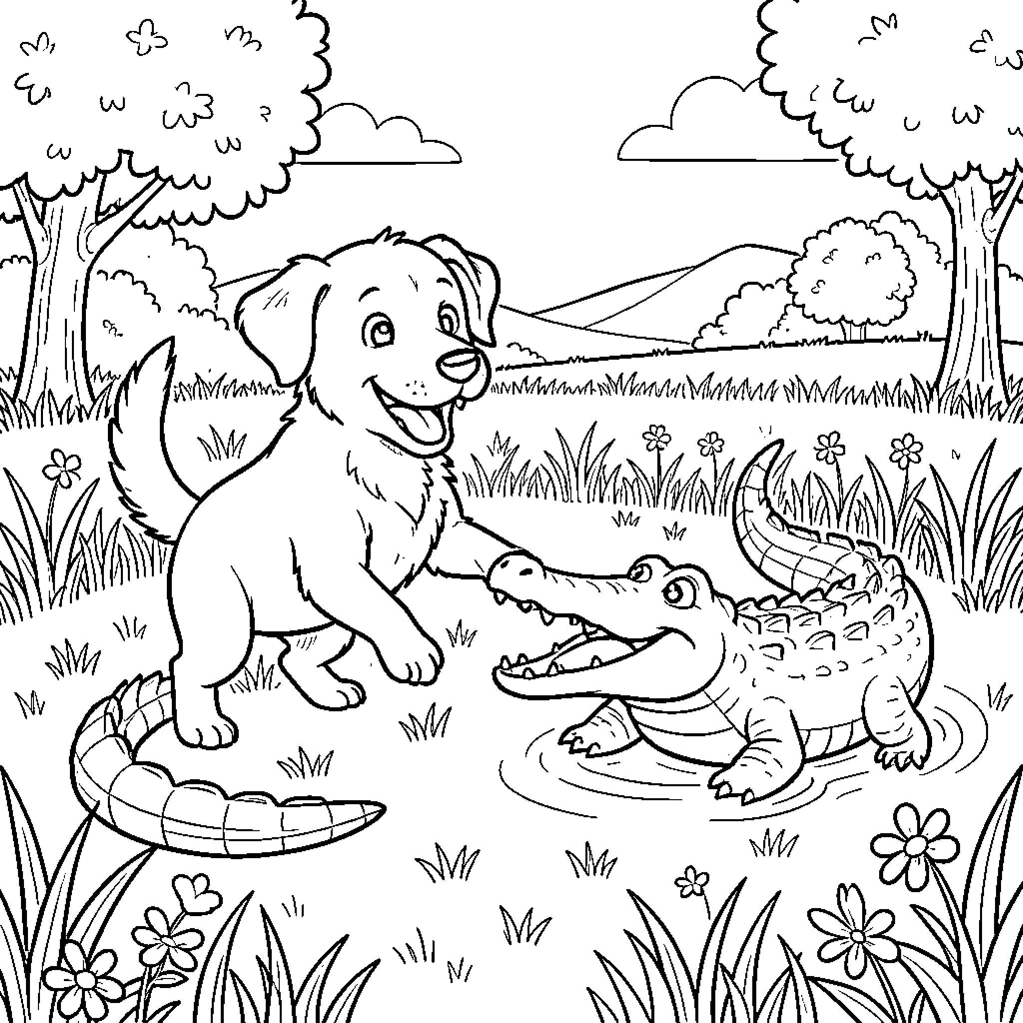 Dog interacting playfully with a small crocodile Coloring Page (free black-and-white line drawing printable PDF for all, from beginners to advanced learners, including children, teens, adults, and seniors)