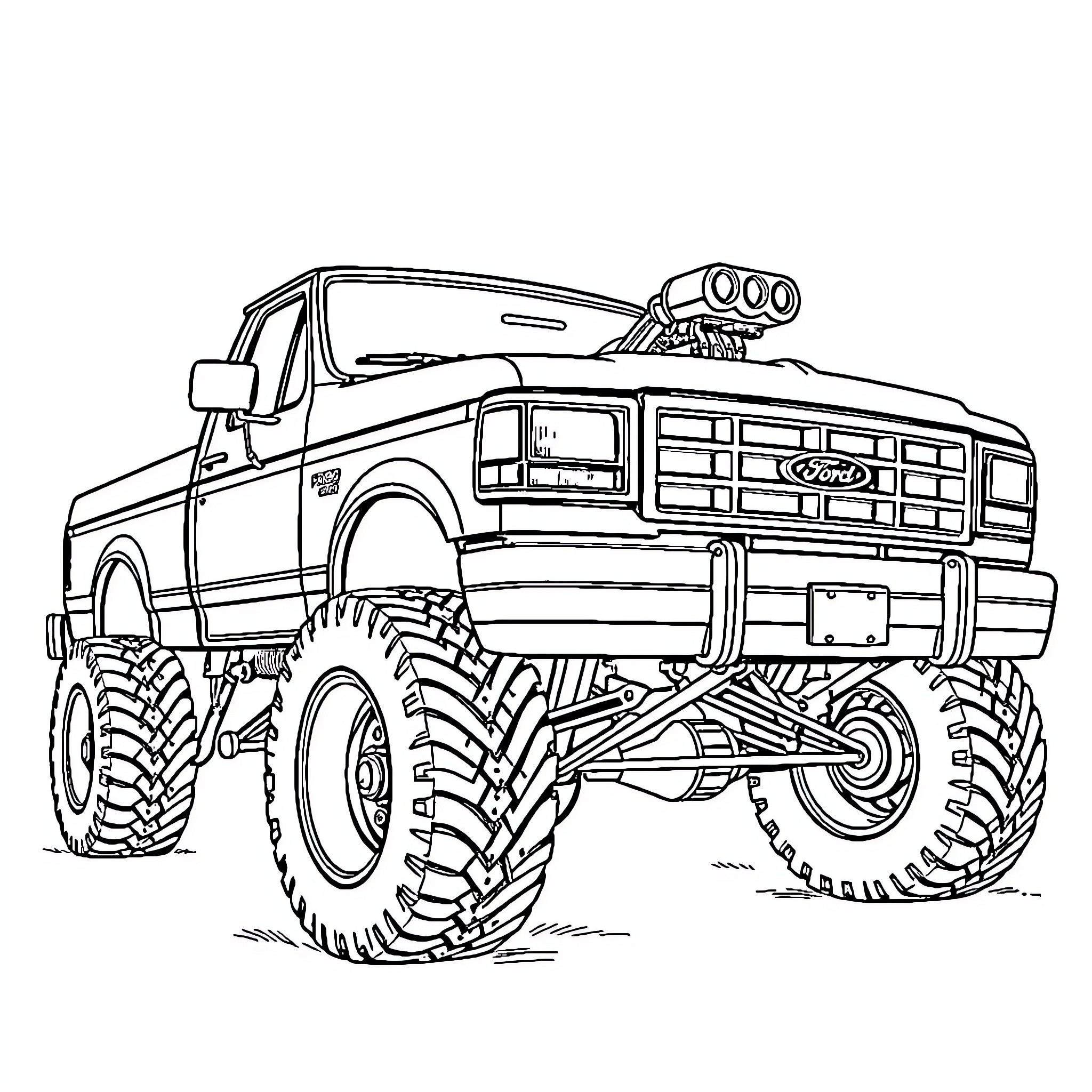 Ford Truck Lifting Massive Tires on Rugged Terrain Coloring Page (free black-and-white line drawing printable PDF for all, from beginners to advanced learners, including children, teens, adults, and seniors)