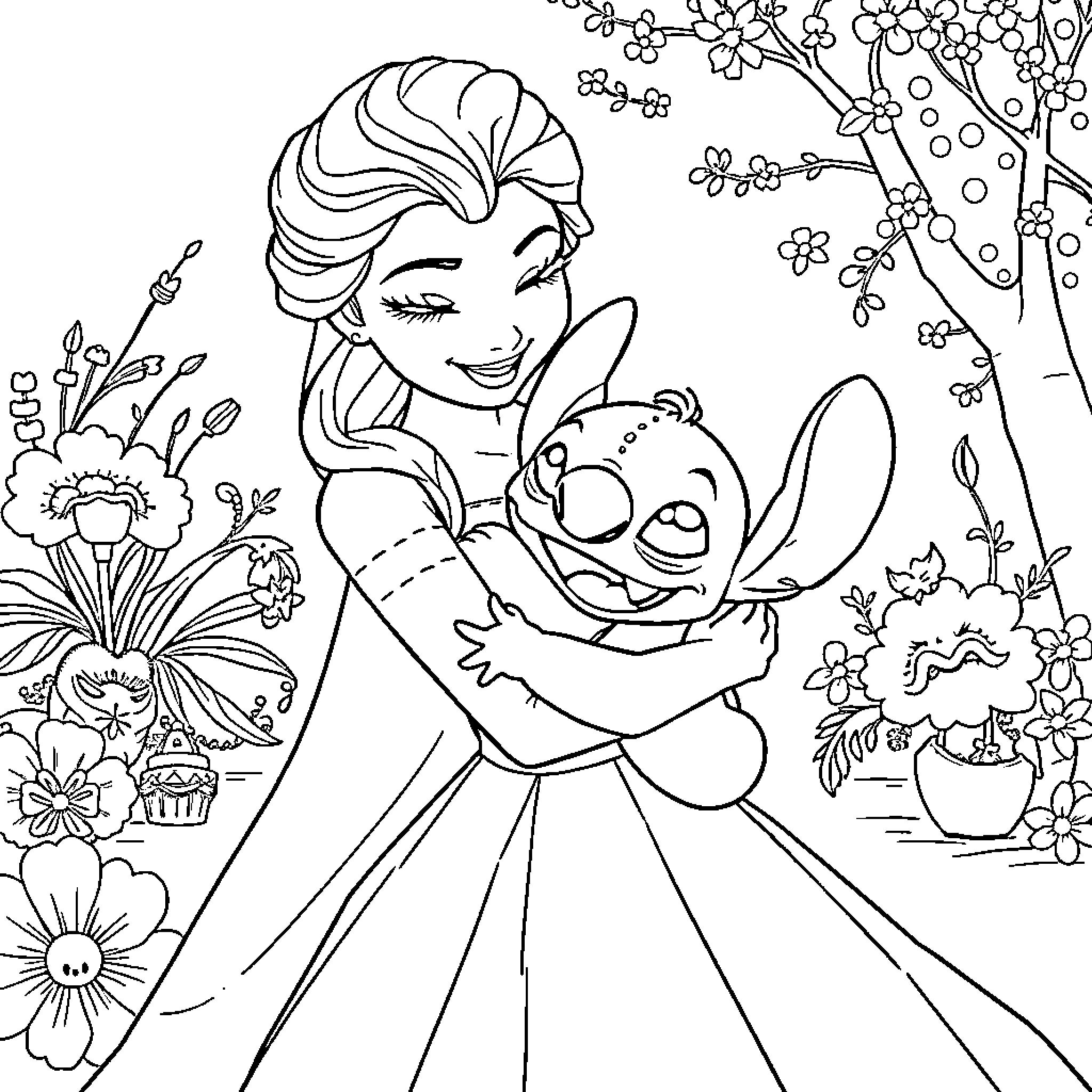 Elsa embracing Stitch in a floral garden Coloring Page (free black-and-white line drawing printable PDF for all, from beginners to advanced learners, including children, teens, adults, and seniors)
