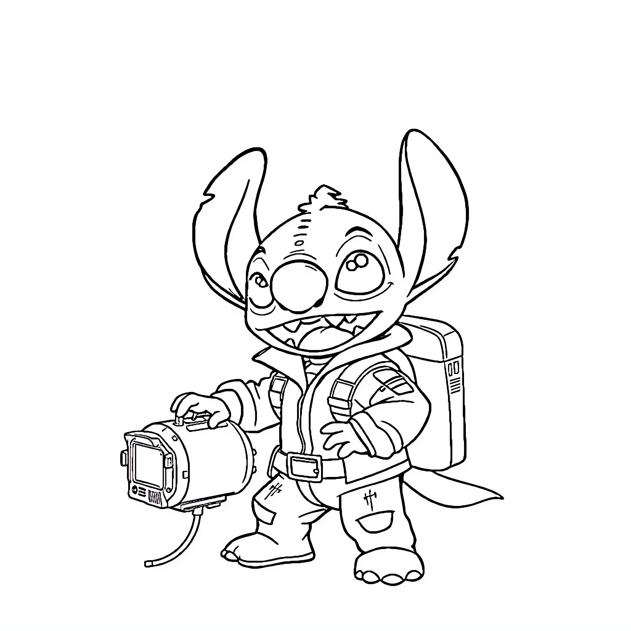 Stitch taking a picture with camera Coloring Page (free black-and-white line drawing printable PDF for all, from beginners to advanced learners, including children, teens, adults, and seniors)