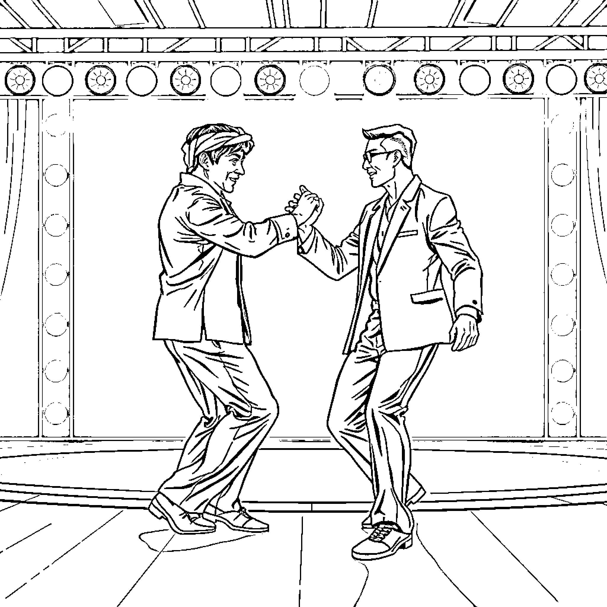 Jackie Chan in suit shaking hands with another man on stage Coloring Page (free black-and-white line drawing printable PDF for all, from beginners to advanced learners, including children, teens, adults, and seniors)