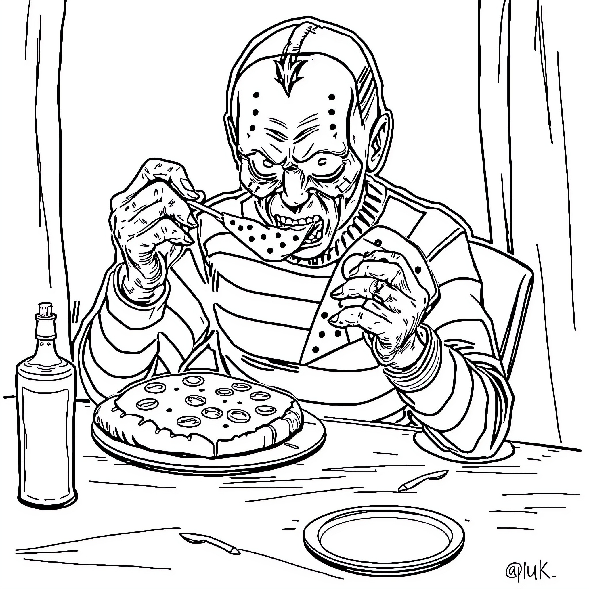 Freddy Krueger savoring a sinister pizza Coloring Page (free black-and-white line drawing printable PDF for all, from beginners to advanced learners, including children, teens, adults, and seniors)