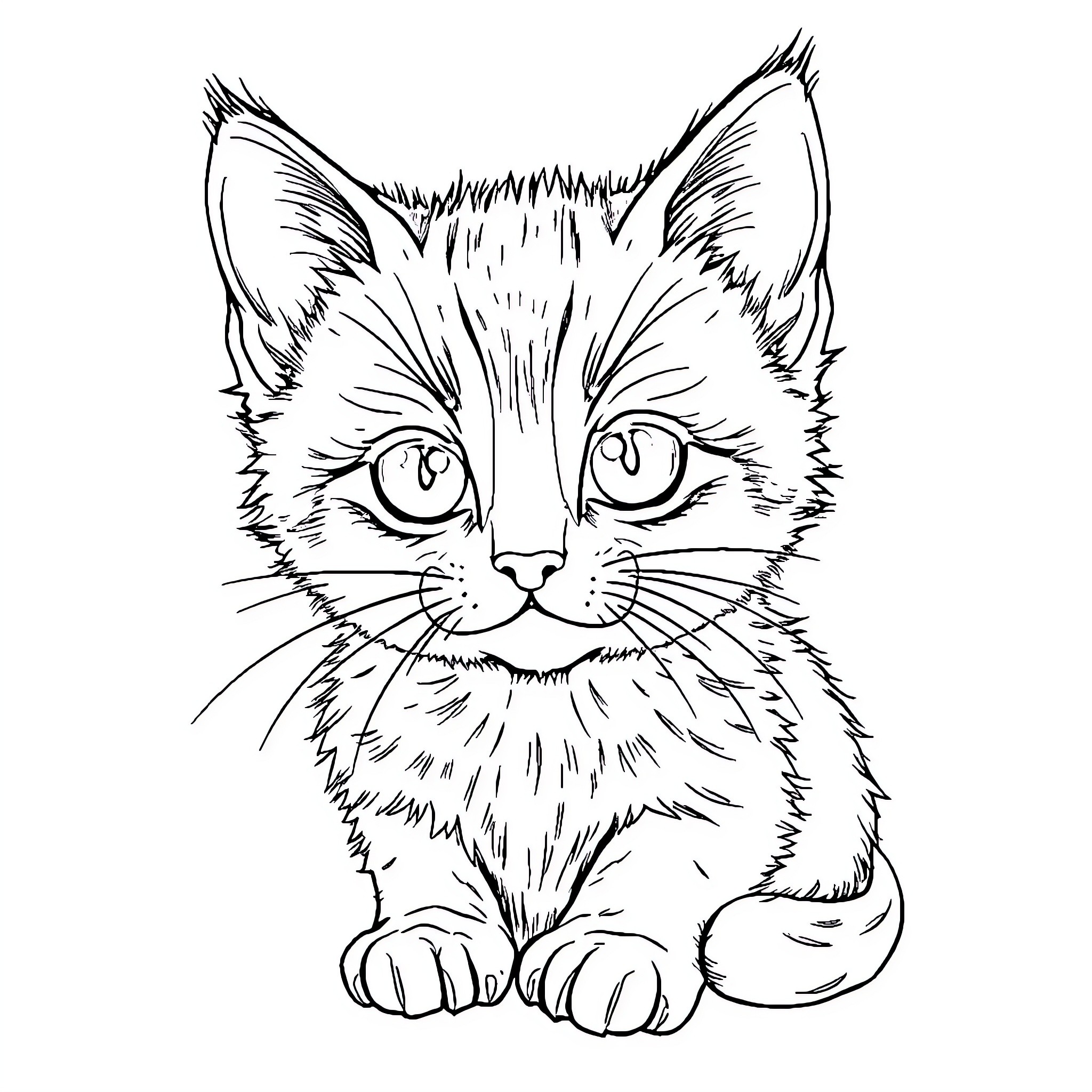 Kitten with wide-eyed expression Coloring Page (free black-and-white line drawing printable PDF for all, from beginners to advanced learners, including children, teens, adults, and seniors)