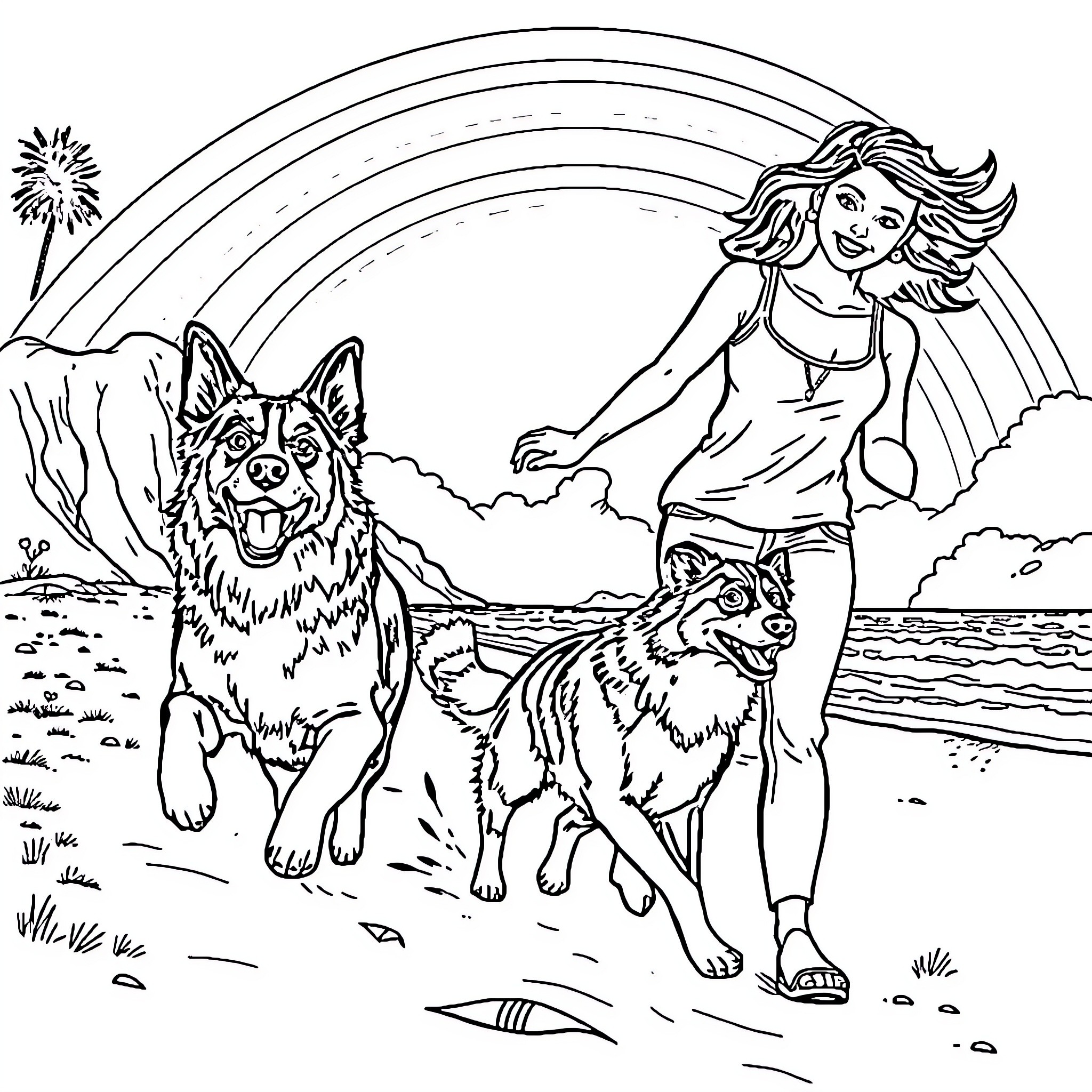 Border Collie dogs playing happily with their owner on the beach Coloring Page (free black-and-white line drawing printable PDF for all, from beginners to advanced learners, including children, teens, adults, and seniors)