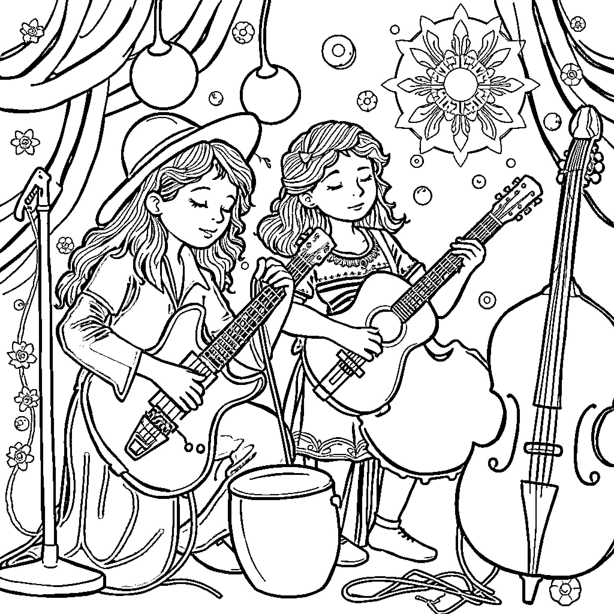 Children performing music with guitars and drums Coloring Page (free black-and-white line drawing printable PDF for all, from beginners to advanced learners, including children, teens, adults, and seniors)