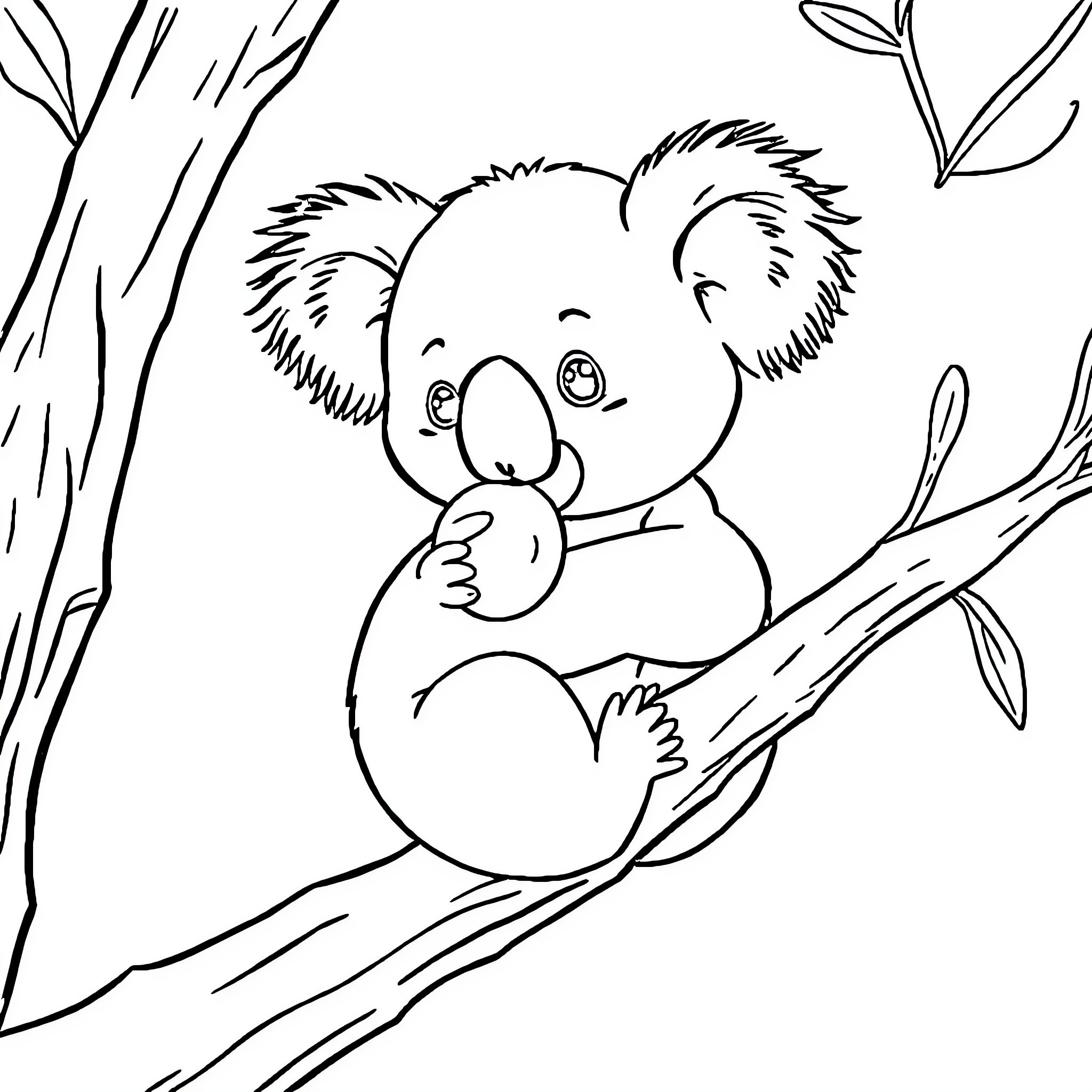 Koala resting peacefully on tree branch Coloring Page (free black-and-white line drawing printable PDF for all, from beginners to advanced learners, including children, teens, adults, and seniors)