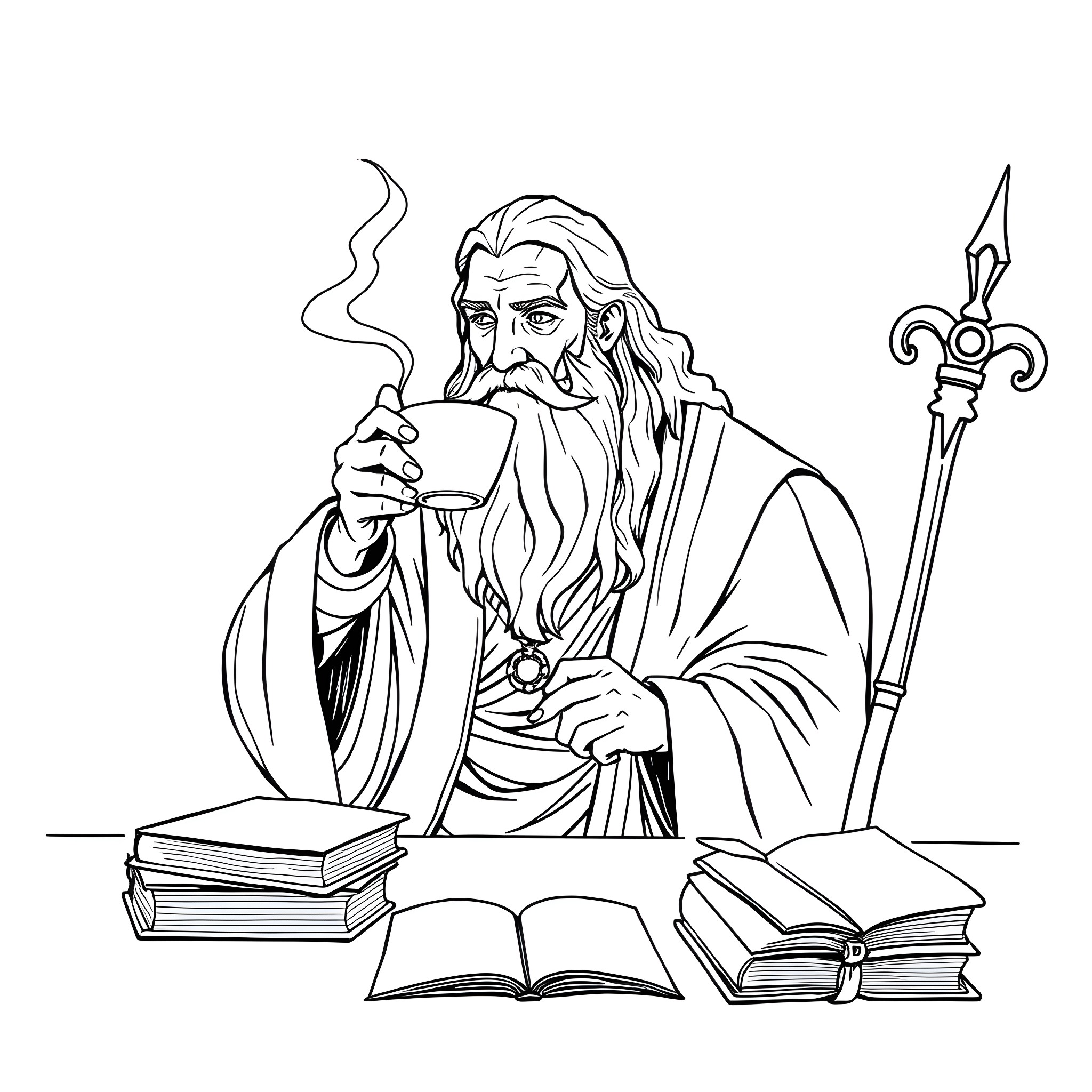 Saruman the Wise, Wizard of Power and Knowledge Coloring Page (free black-and-white line drawing printable PDF for all, from beginners to advanced learners, including children, teens, adults, and seniors)